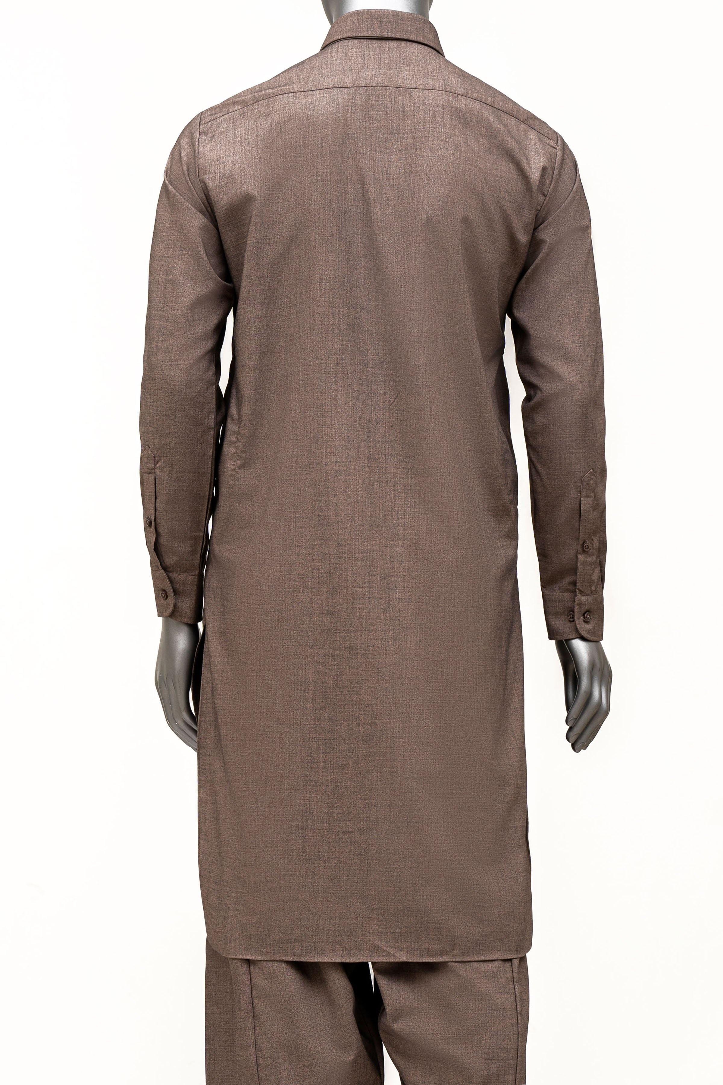 Brown shalwar kameez back view, stand collar, long tunic with matching trousers
