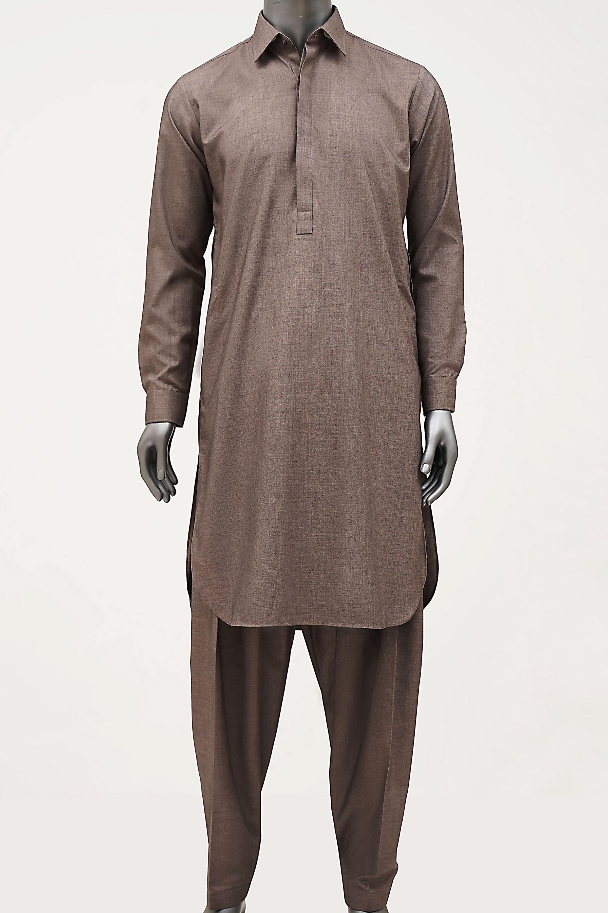 Brown shalwar kameez with collar, long sleeves, button-front tunic and trousers
