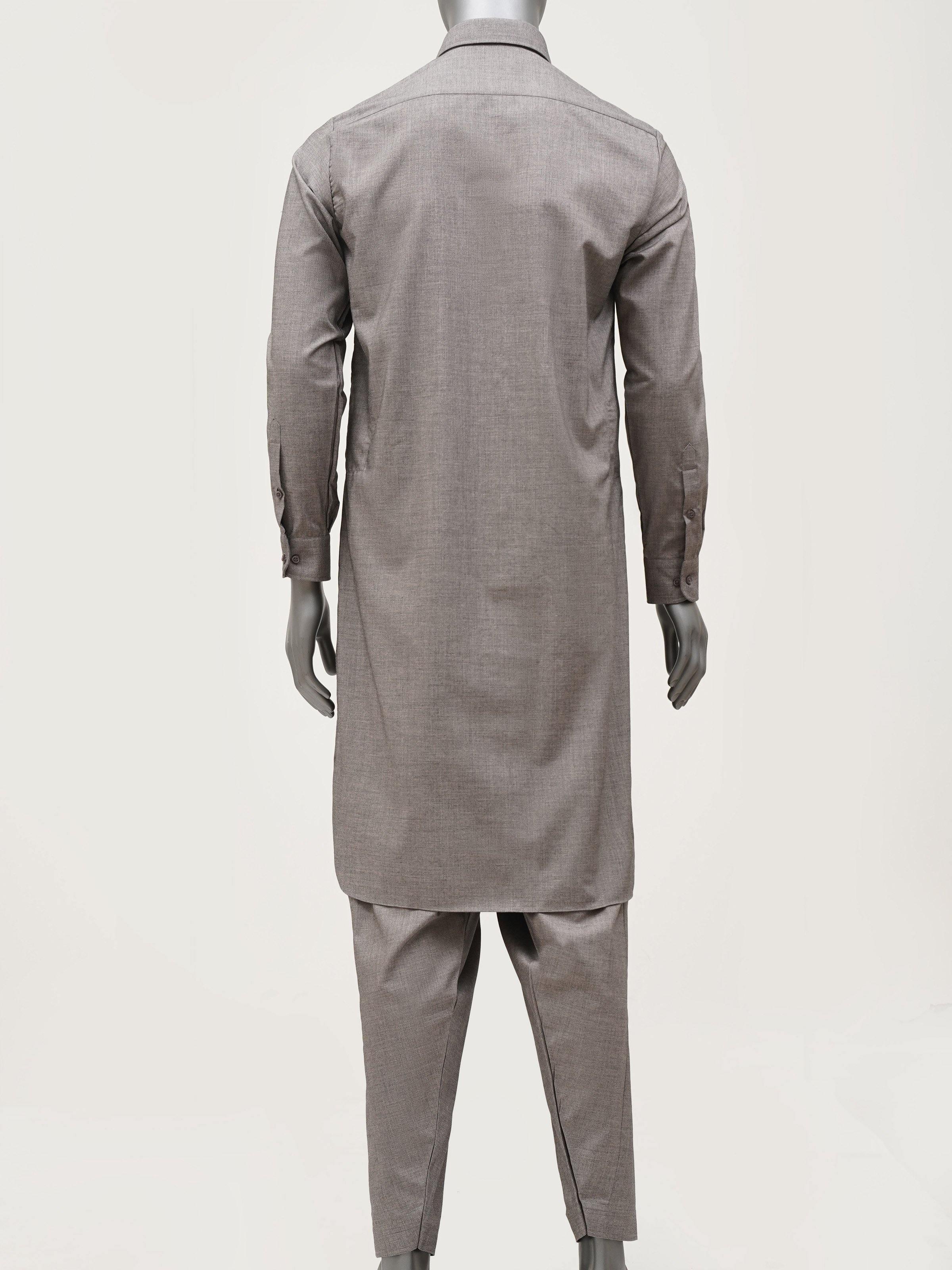 Men's greige shalwar kameez, back view with collar and long sleeves, matching pants.