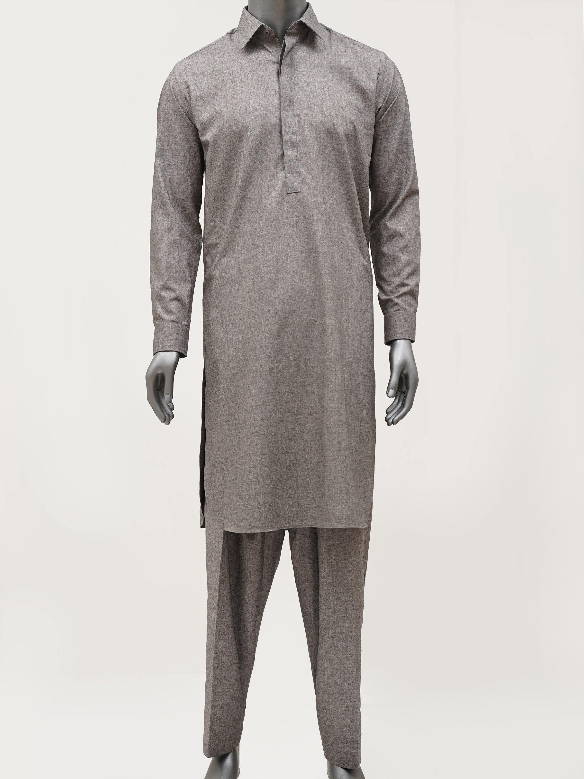 Men's greige shalwar kameez with collar, button front, long sleeves and pants.