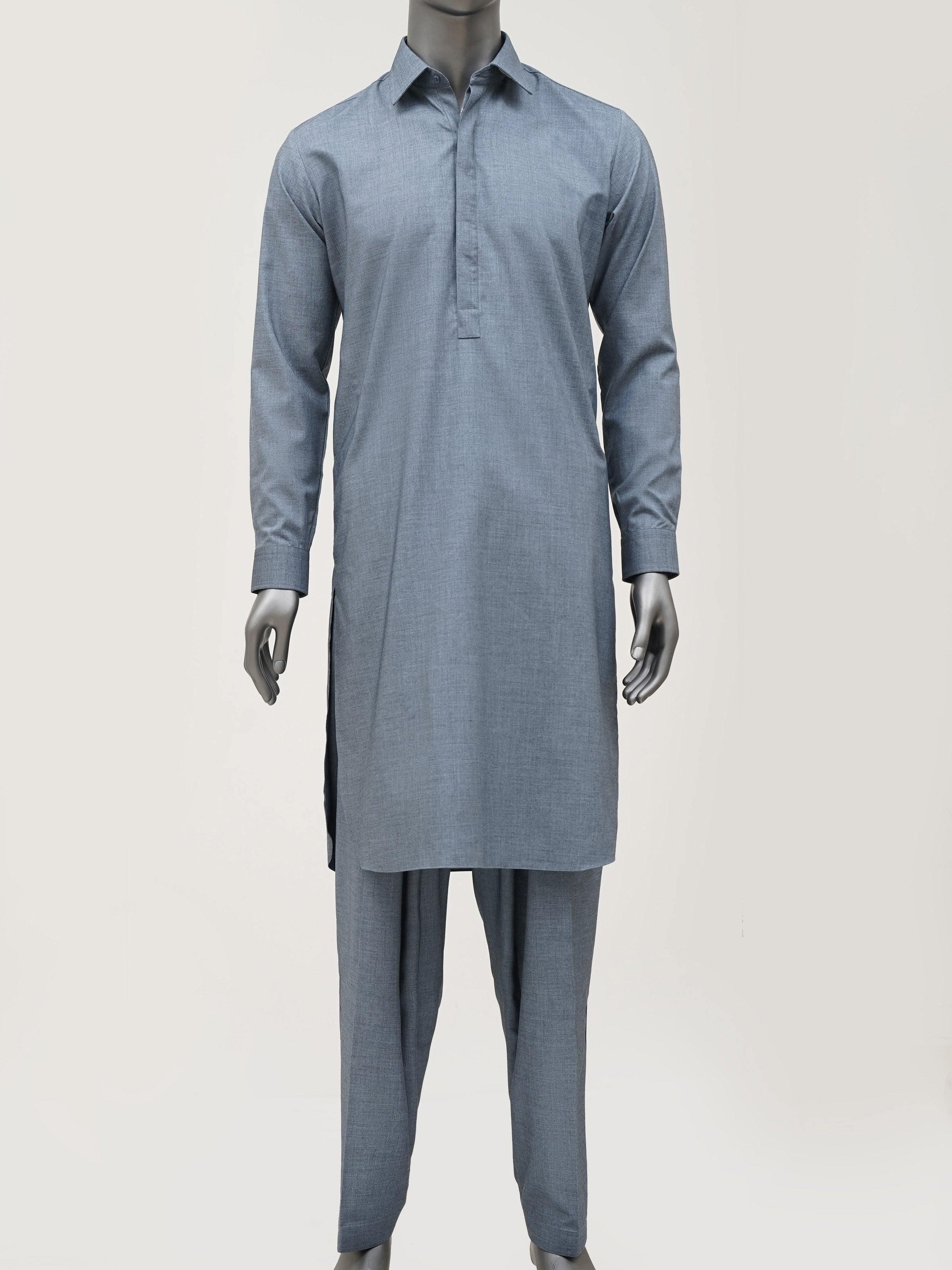 Light blue shalwar kameez set with stand collar and button front; long sleeves