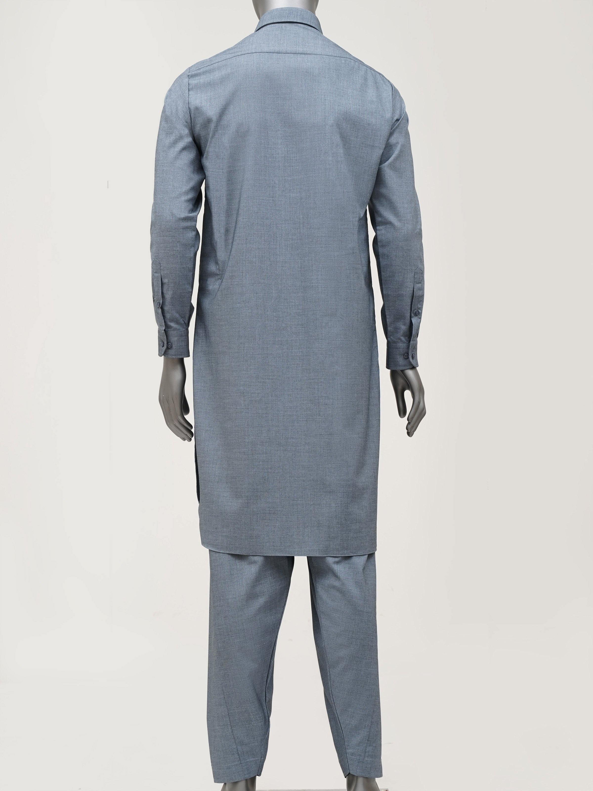 Light blue shalwar kameez with stand collar and long sleeves; back view