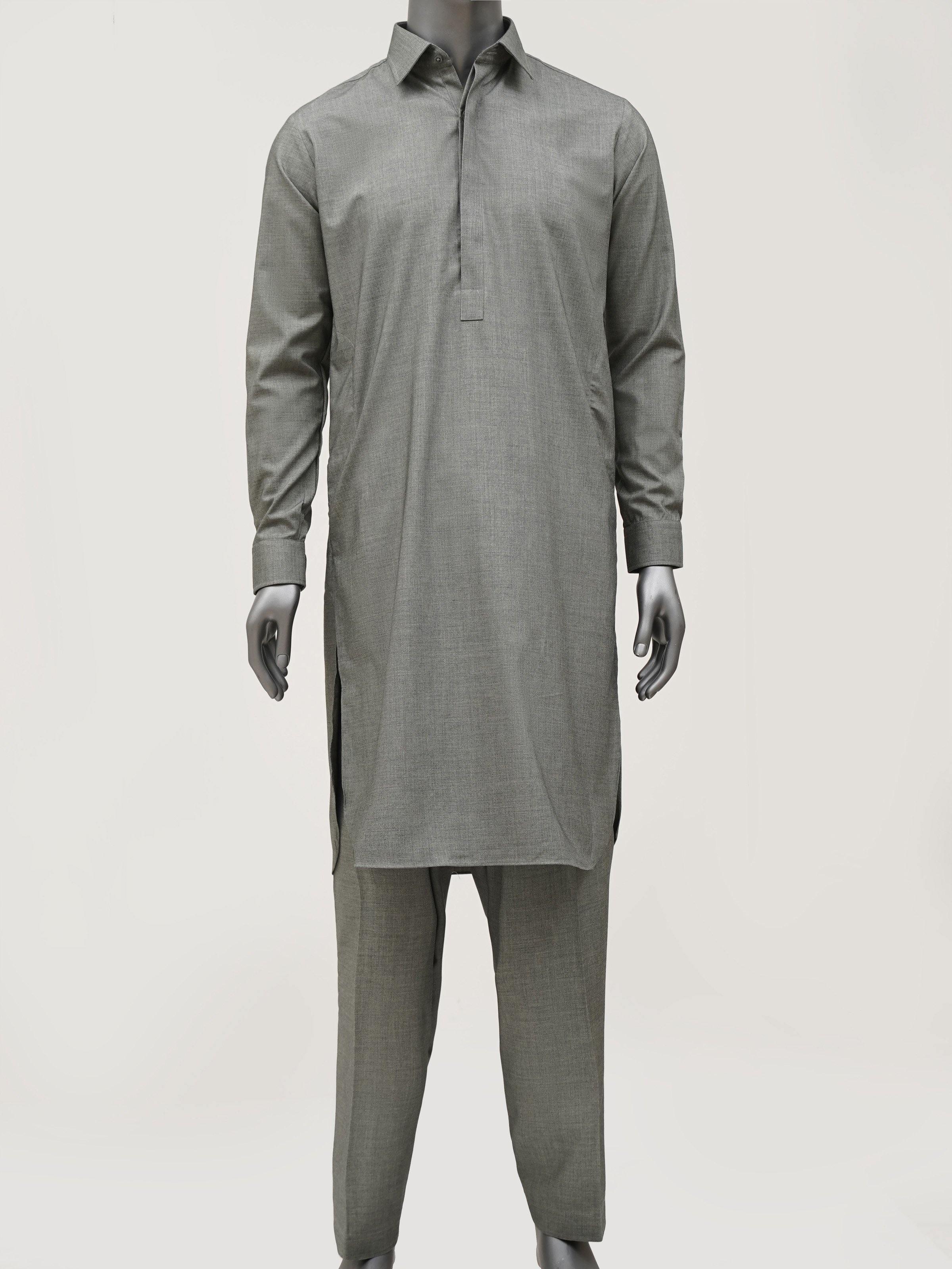 Light green shalwar kameez with collar, long sleeves, button front and matching pants