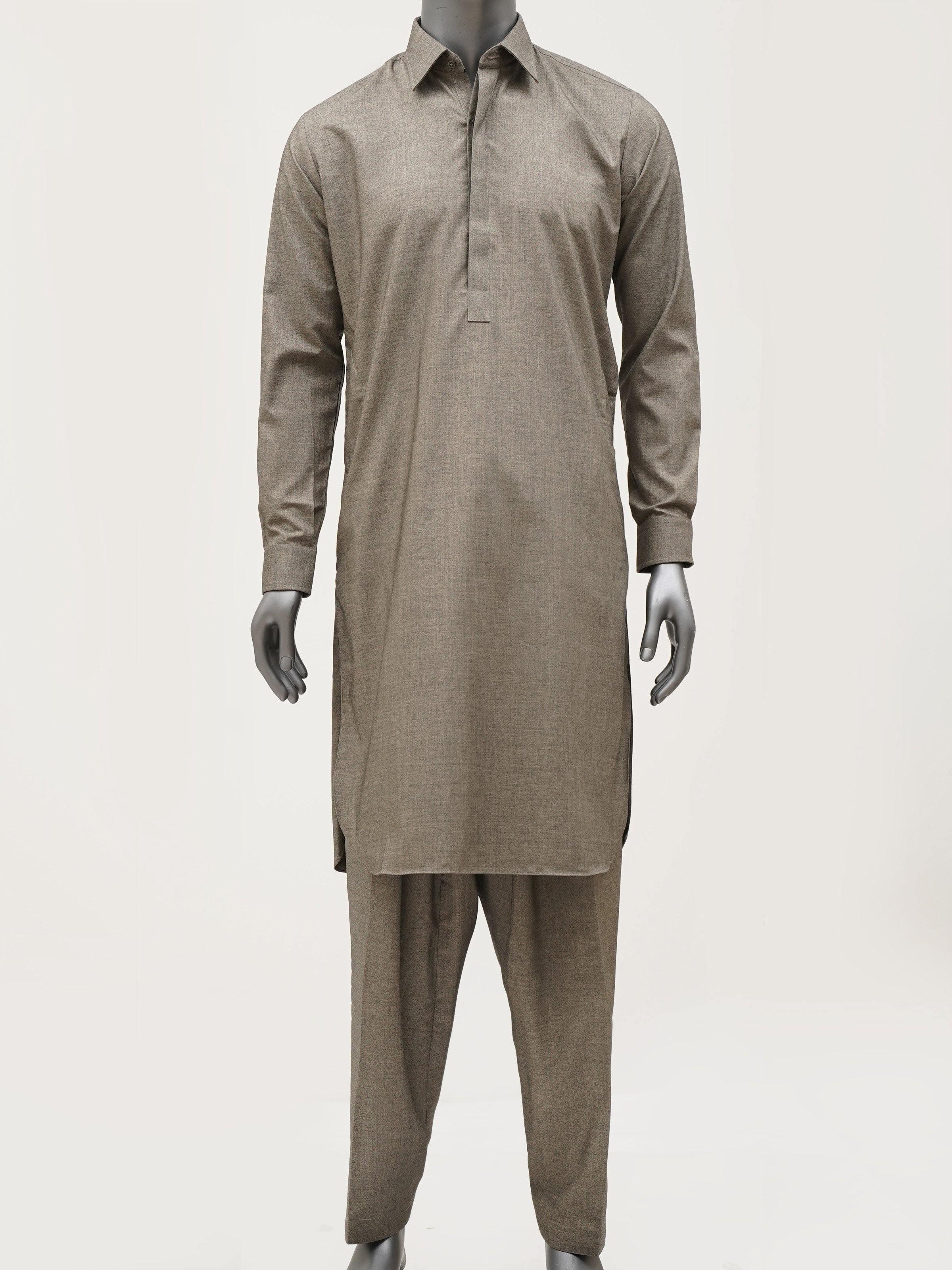 Olive green shalwar kameez with collar, long sleeves, button front and matching pants