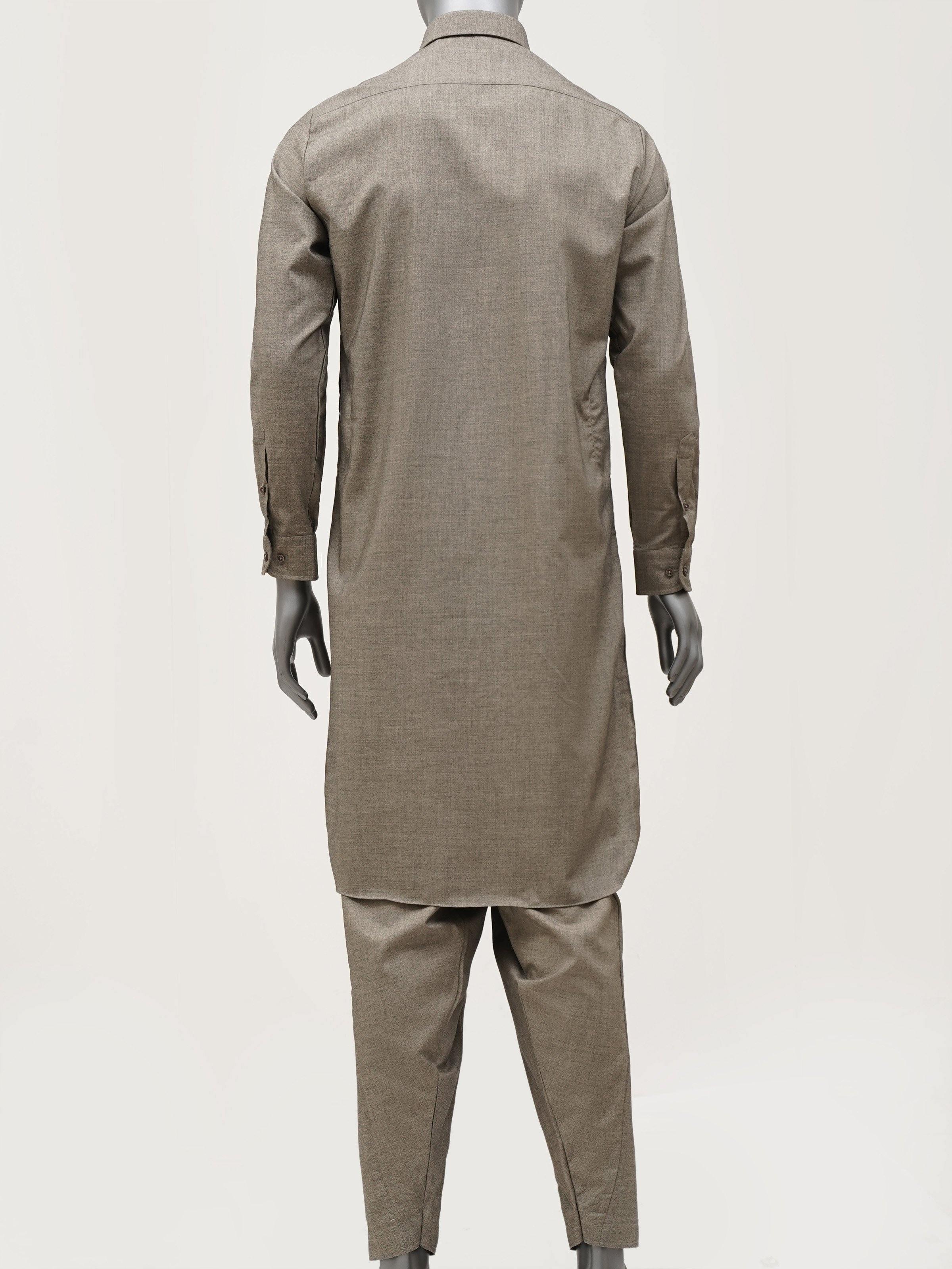 Olive green shalwar kameez with collar, back view, long tunic and matching pants