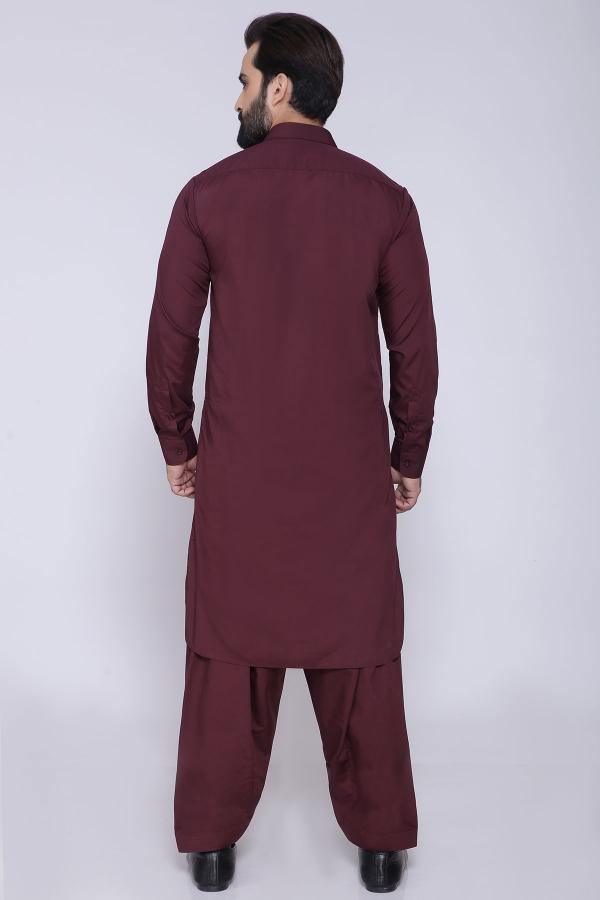 Maroon shalwar kameez with collar, back view, long tunic with loose shalwar pants