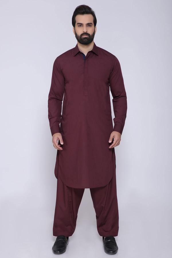 Maroon shalwar kameez with collar, front view, long sleeves and matching trousers