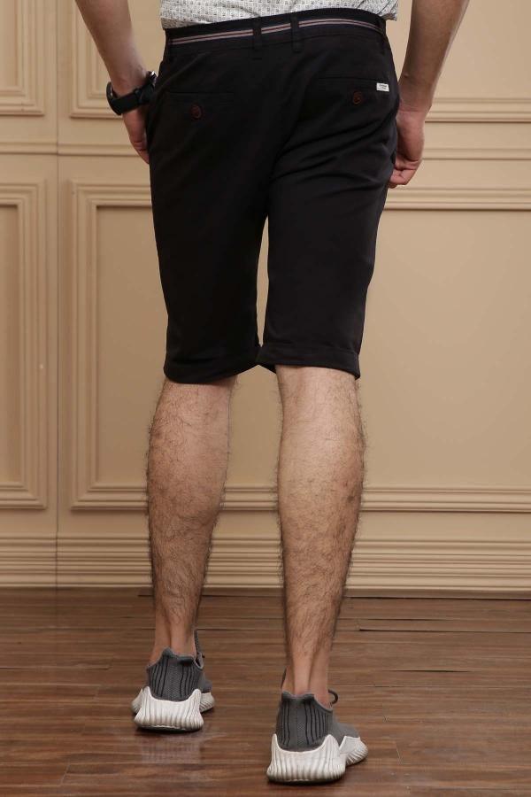 Black knee-length shorts, back view with button waistband and pockets