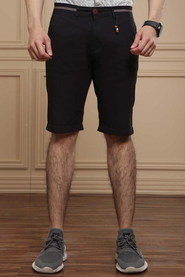 Black knee-length shorts with button front and side pockets