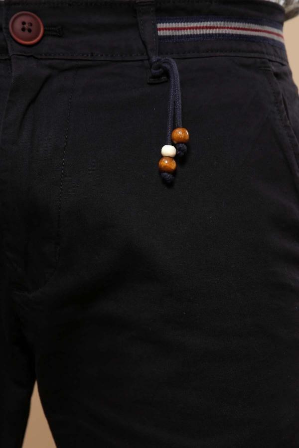 Black shorts with drawstring and wooden bead tassel, button fly