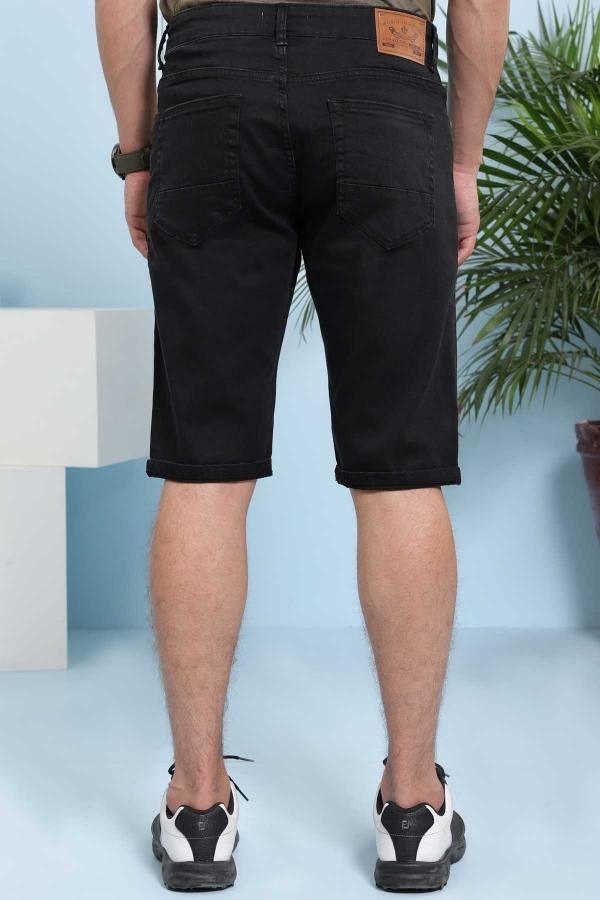 Charcoal blue denim shorts, back view with patch pocket and belt loops