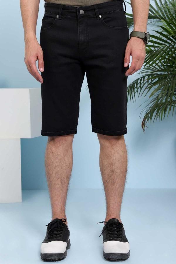 Charcoal blue denim shorts with black button and belt loops