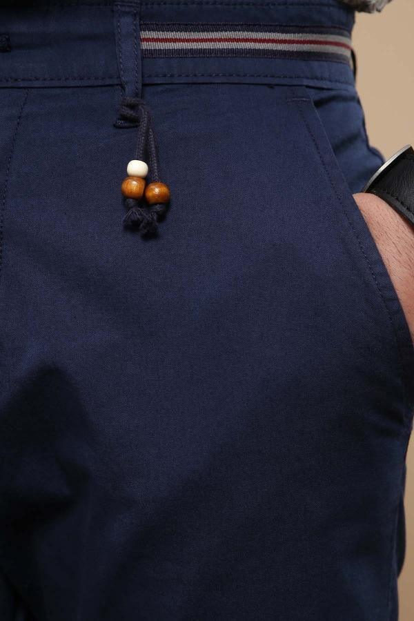 Navy chino shorts with striped waistband and tassel drawstring