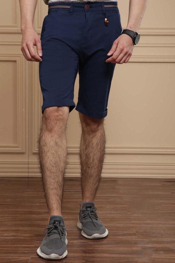 Navy chino shorts with belt loops, zip fly, front pockets and button closure