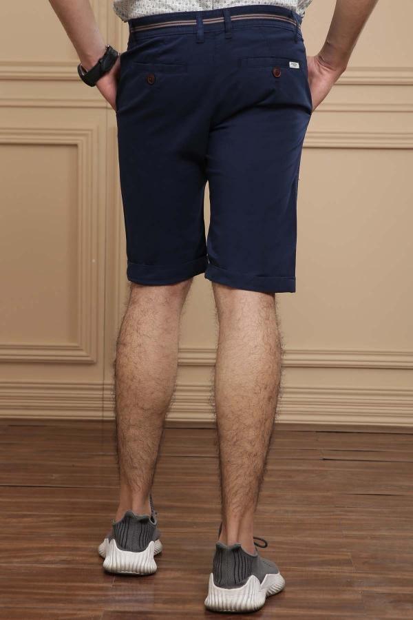 Navy chino shorts with belt loops, back pockets, and buttoned fly