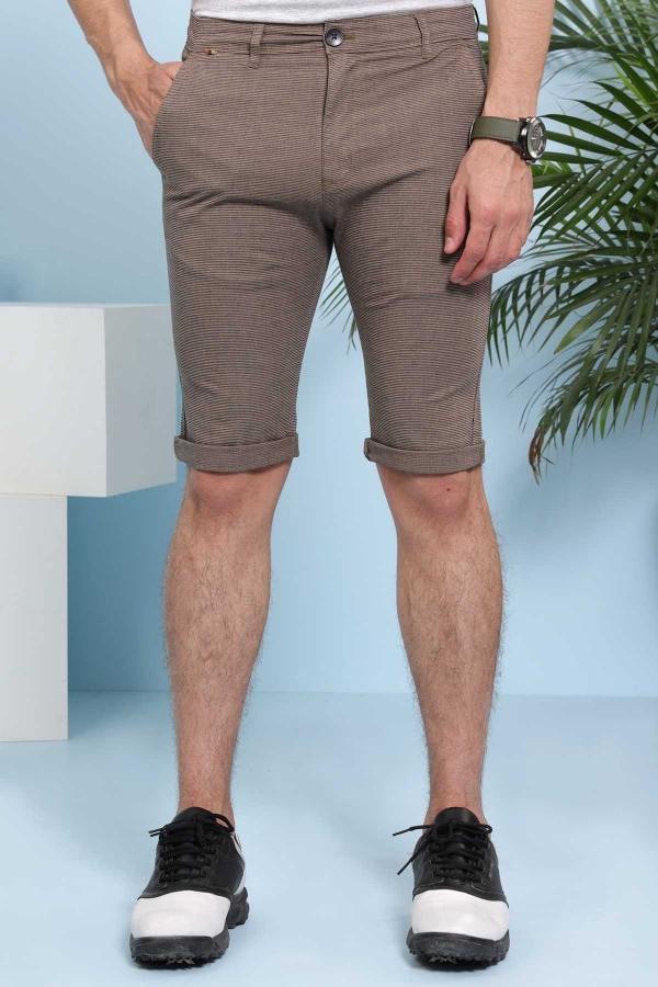 Brown casual shorts with button fly, front pockets, and belt loops