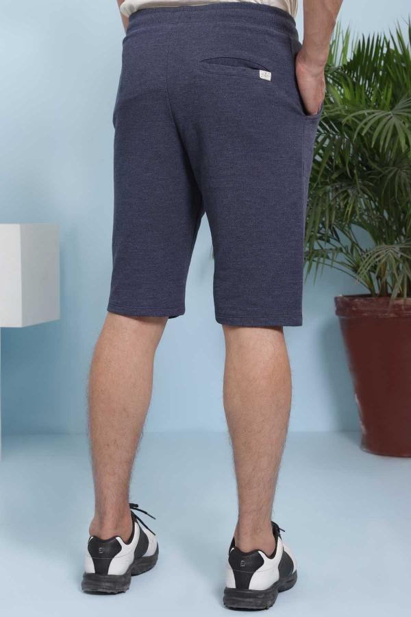 Indigo casual shorts with drawstring waistband and relaxed fit, mid-thigh hem