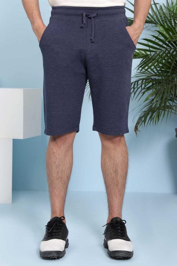Indigo casual shorts with drawstring waist and mid-thigh length, side pockets