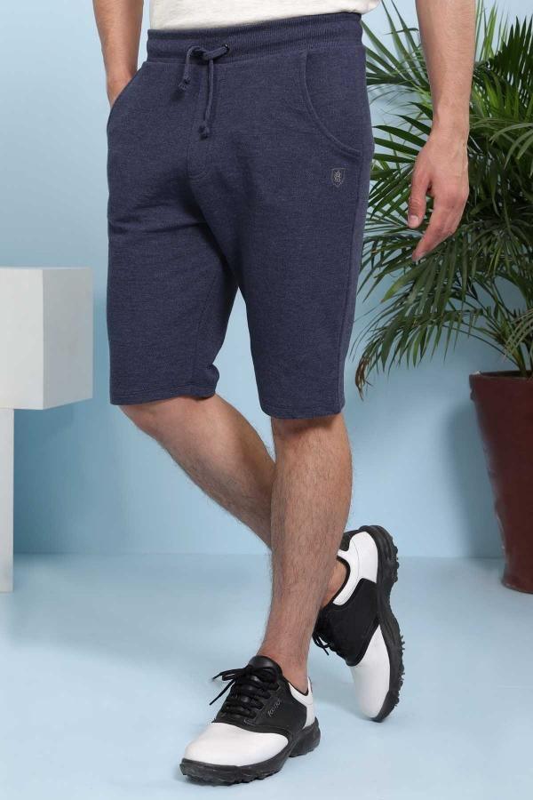 Indigo casual shorts in side view with drawstring waist and front hand pockets