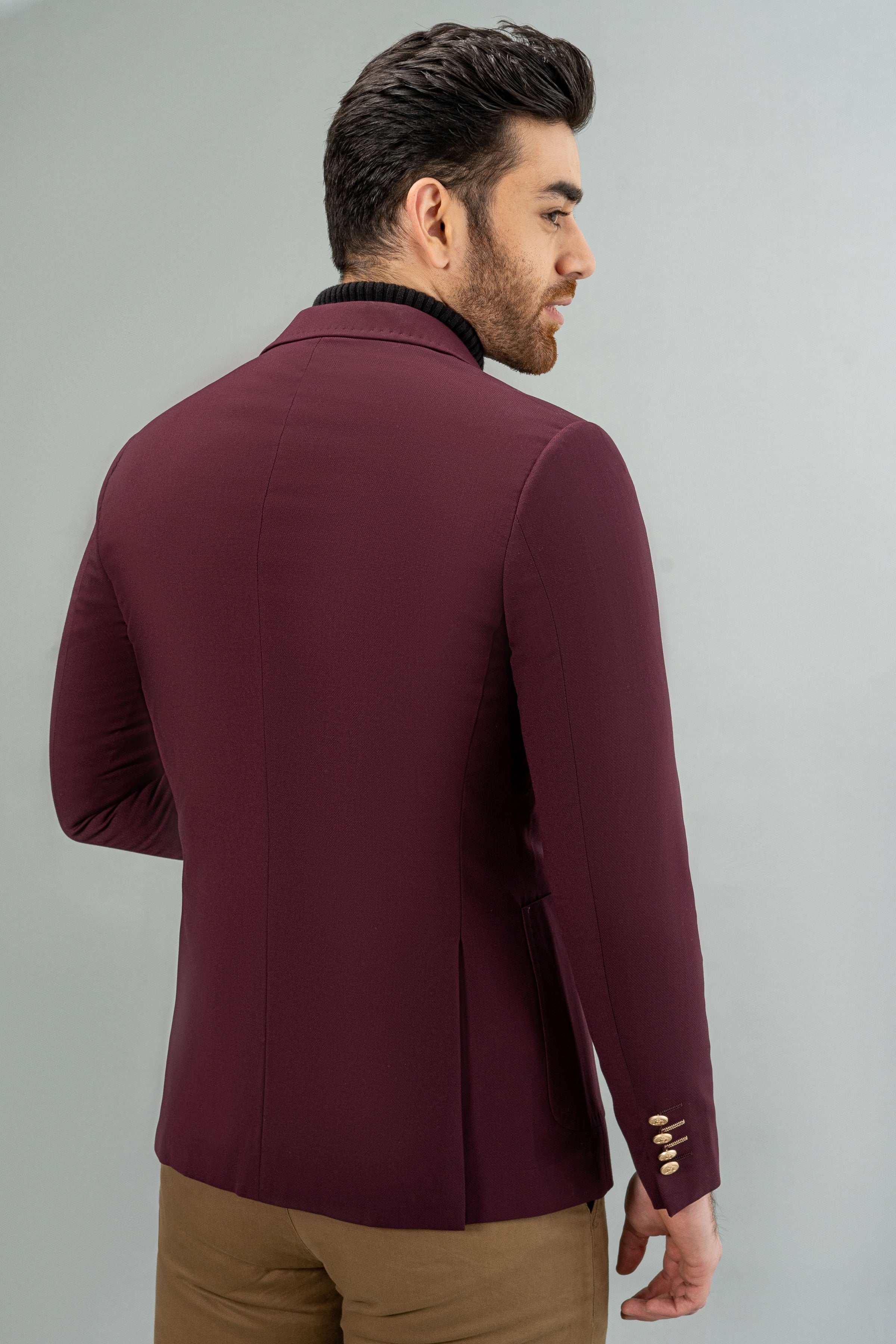Maroon casual coat back view with tailored seam and long sleeves