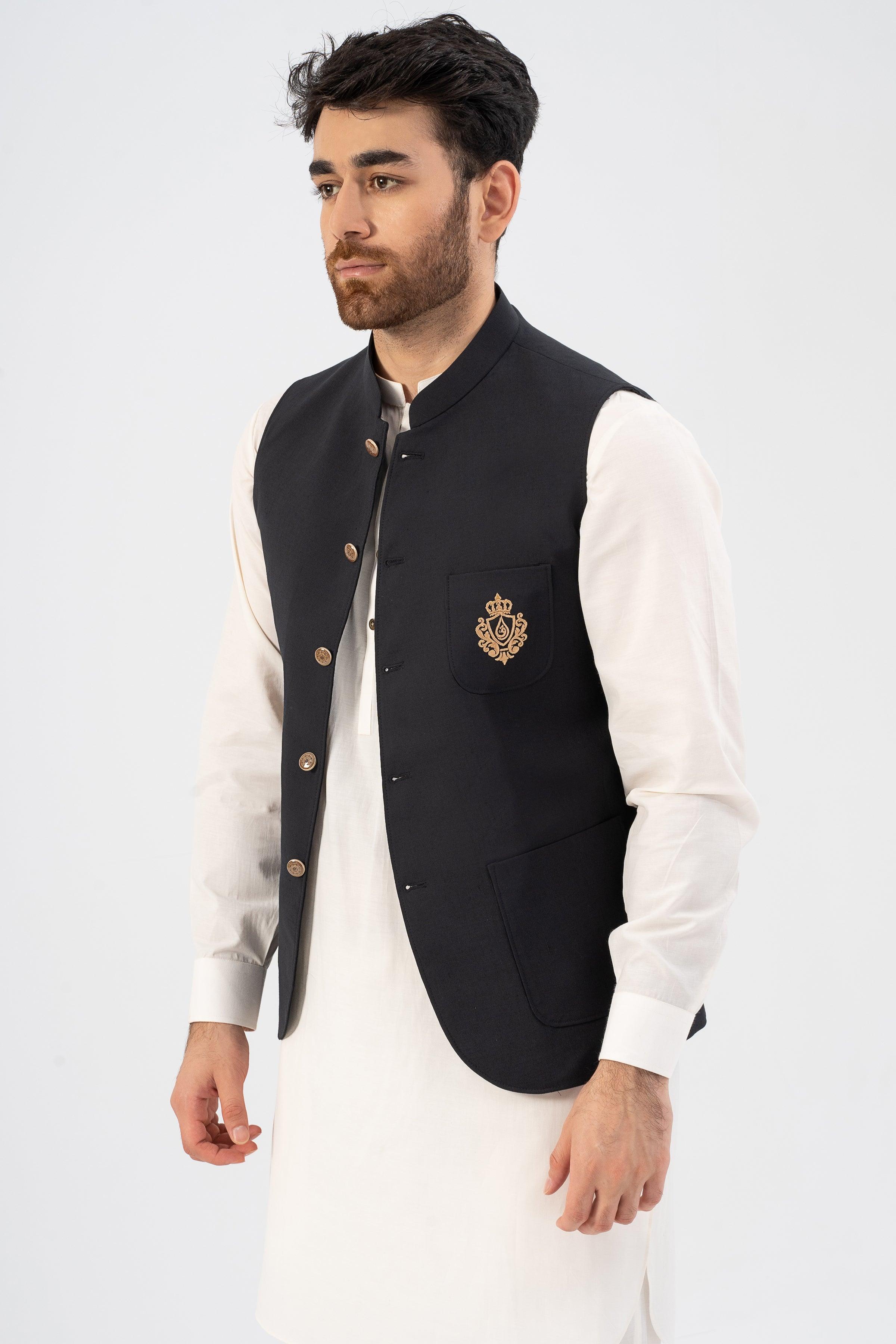 Black waistcoat with stand collar, gold buttons, and embroidered chest emblem