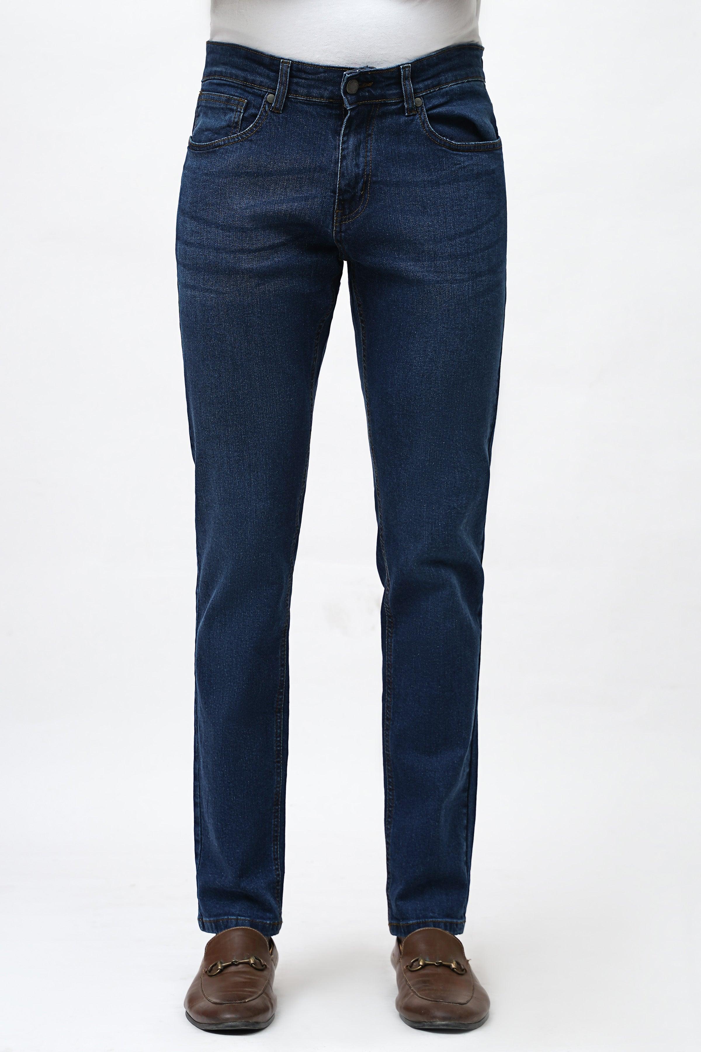 Dark blue skinny jeans with button fly, front pockets, and belt loops