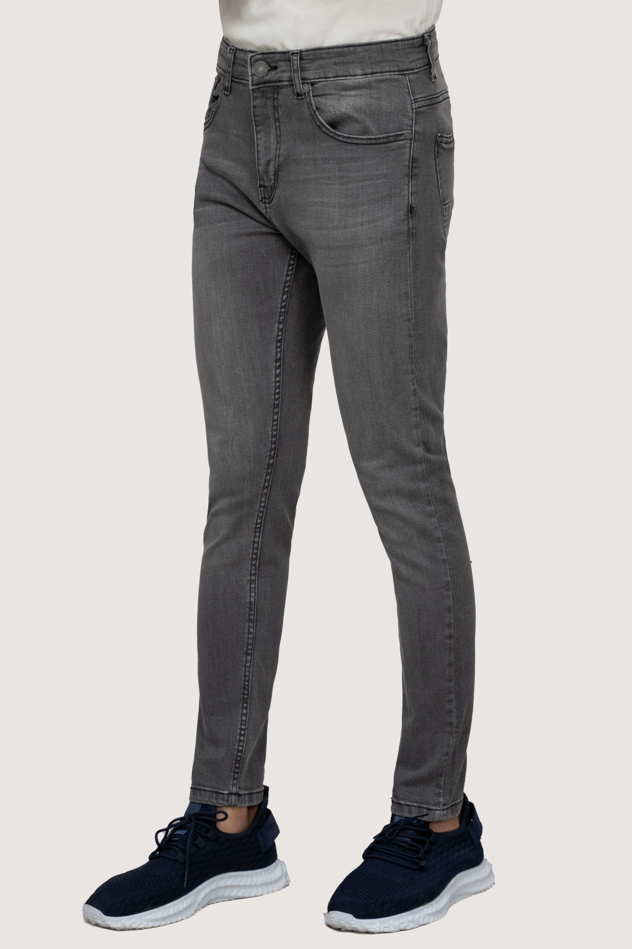 Grey stone-wash skinny jeans with button-fly and five-pocket design