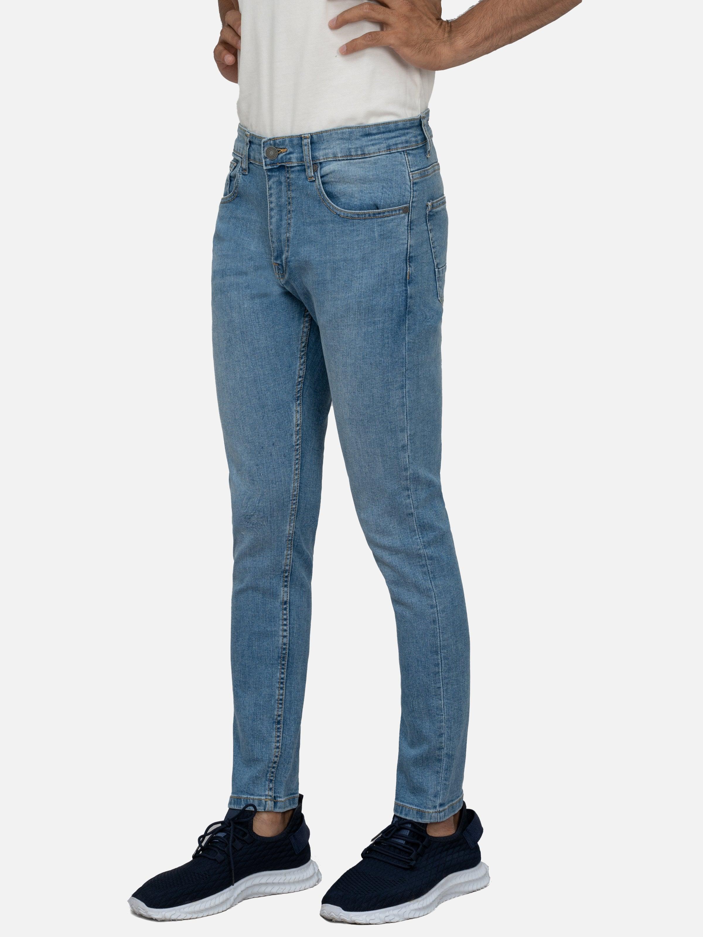 Light blue skinny-leg denim jeans with belt loops and button closure