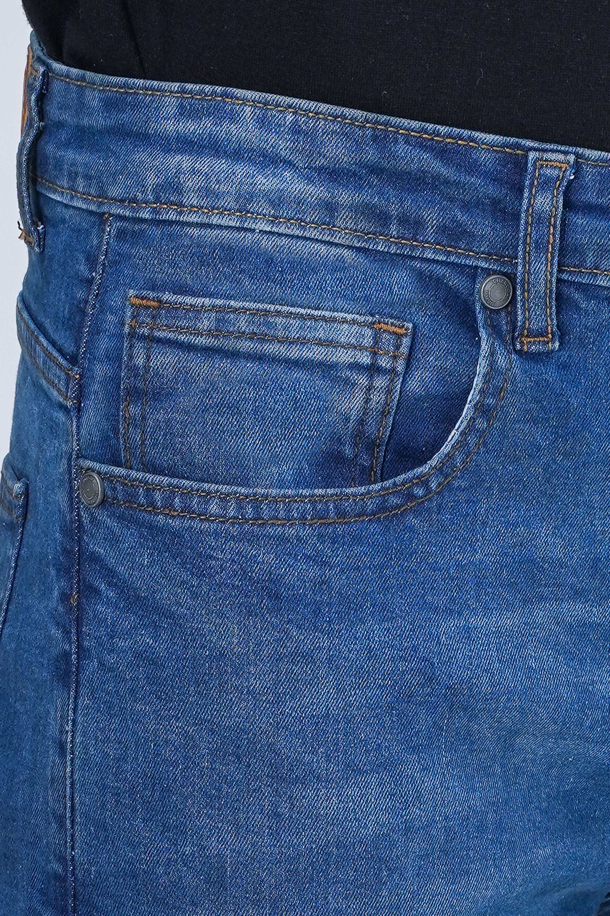 Mid-blue skinny-fit denim jeans with coin pocket and belt loops