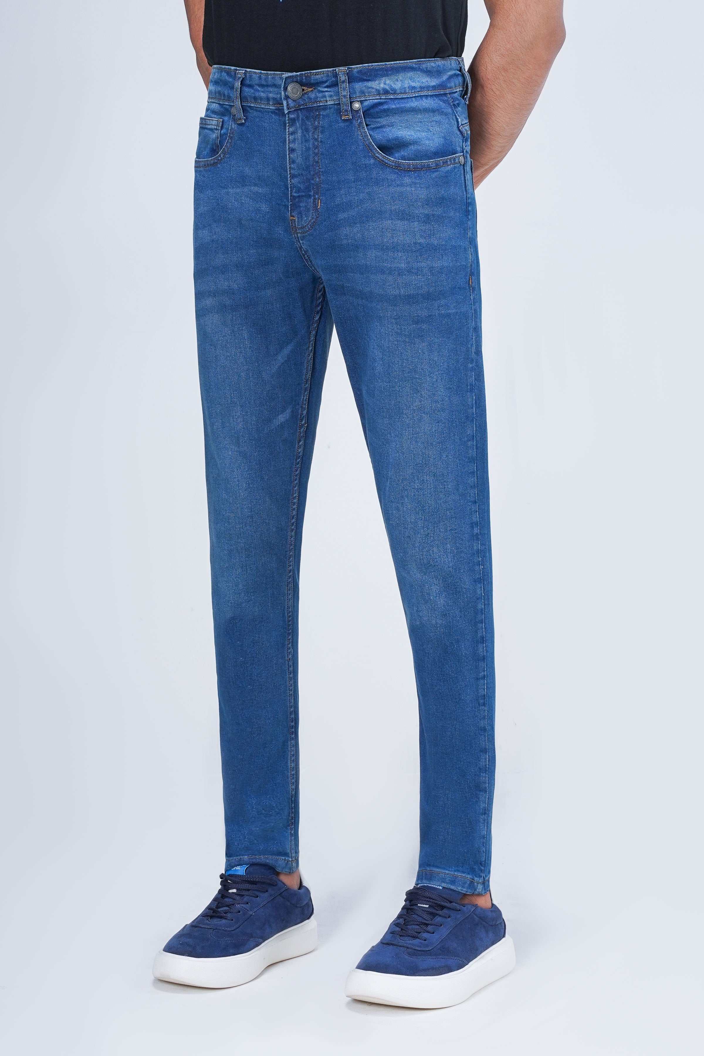 Mid-blue skinny-fit denim jeans, back yoke and two rear pockets