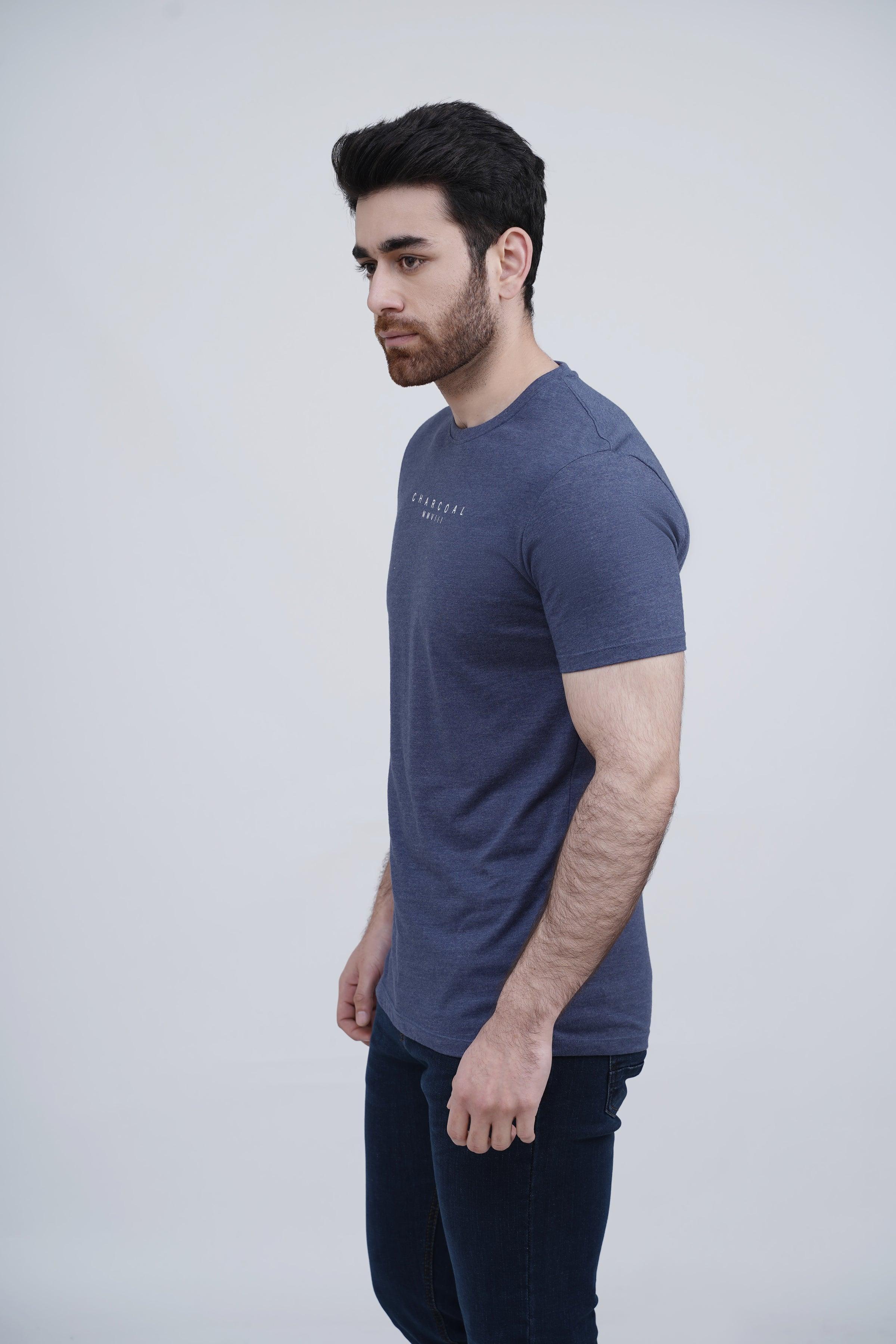 Men's sleepwear T-shirt, crew neck short sleeve, blue melange knit, side view