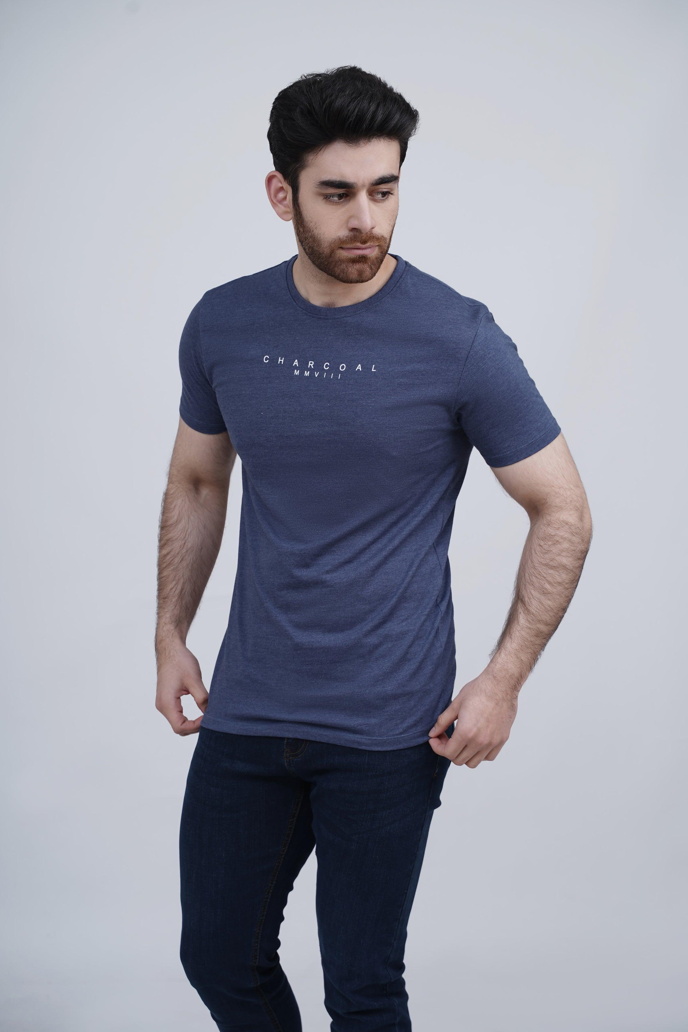 Men's sleepwear T-shirt with short sleeves, crew neck, blue melange knit, front logo