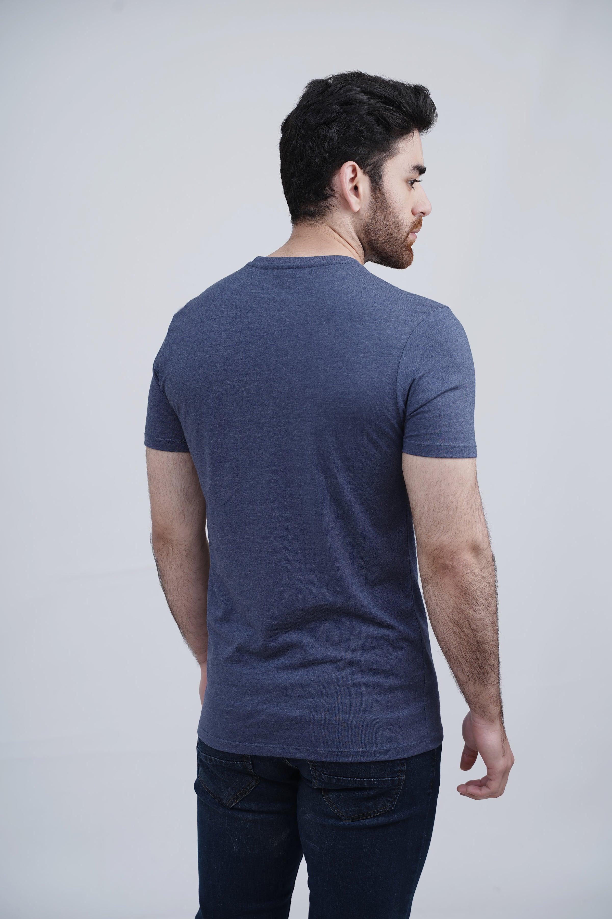 Men's sleepwear T-shirt, crew neck short sleeves, blue melange knit, back view