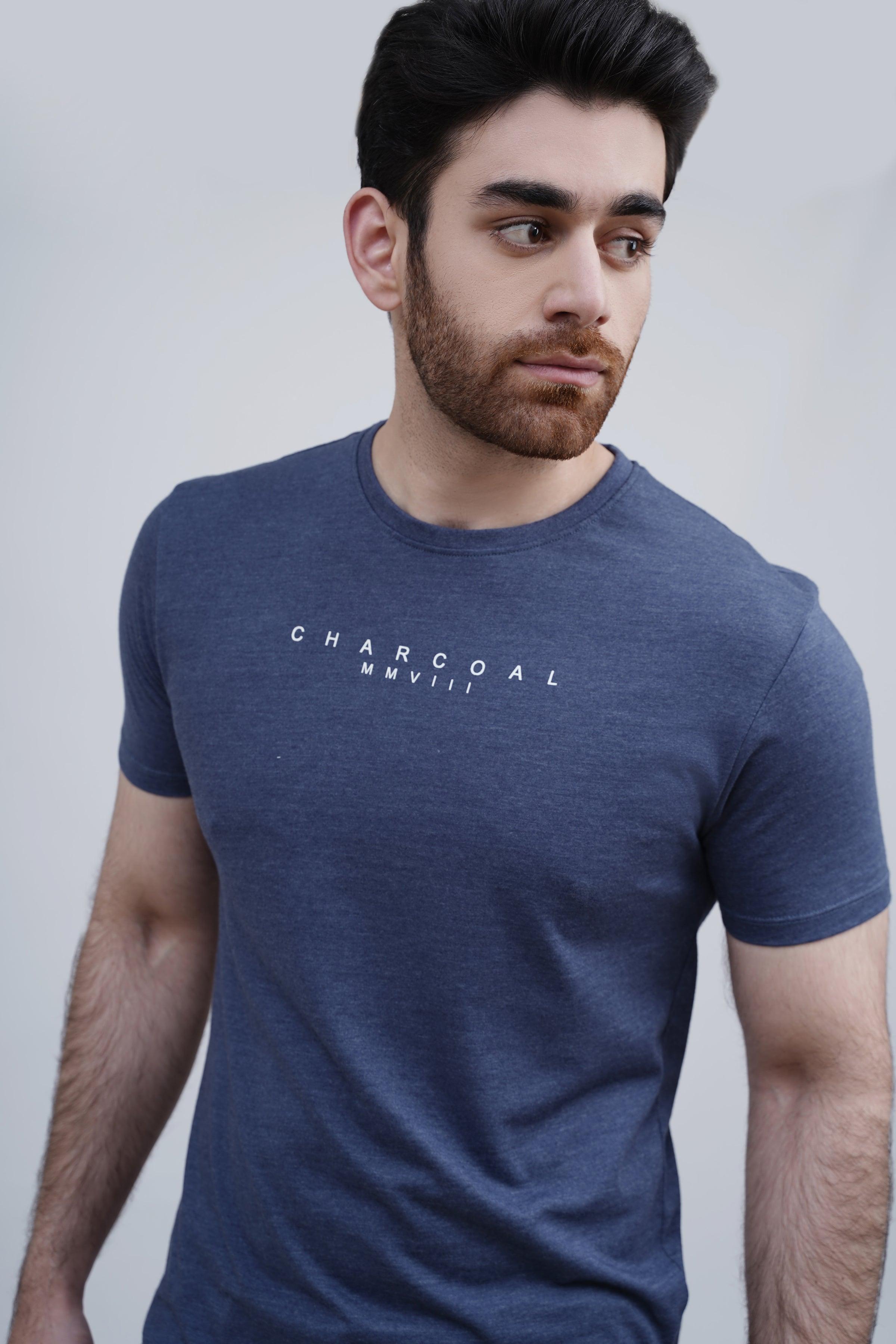 Men's sleepwear T-shirt close-up, crew neck, blue melange knit with chest logo