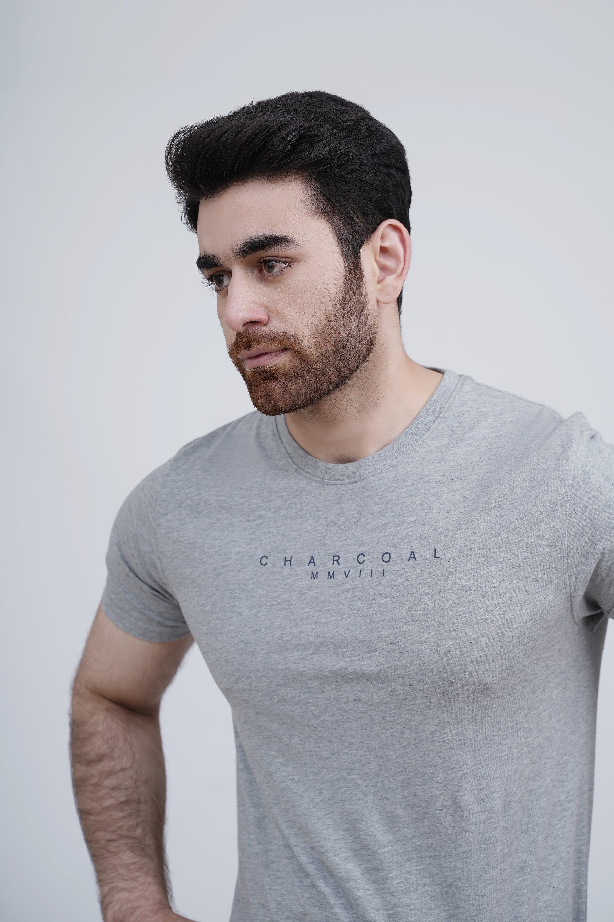 Grey melange sleepwear T-shirt, crew neck short sleeve close-up