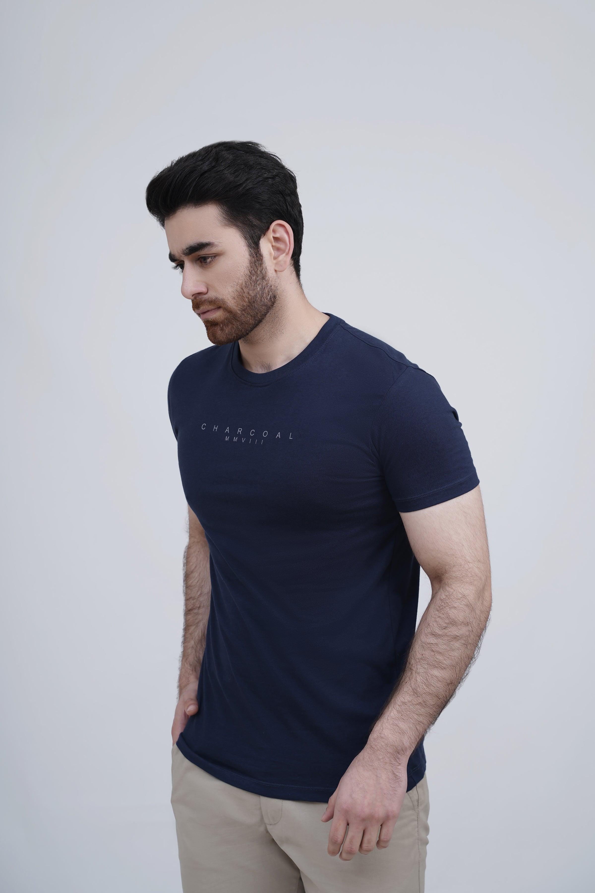 Men's navy crewneck sleep T-shirt, short sleeves, small chest logo