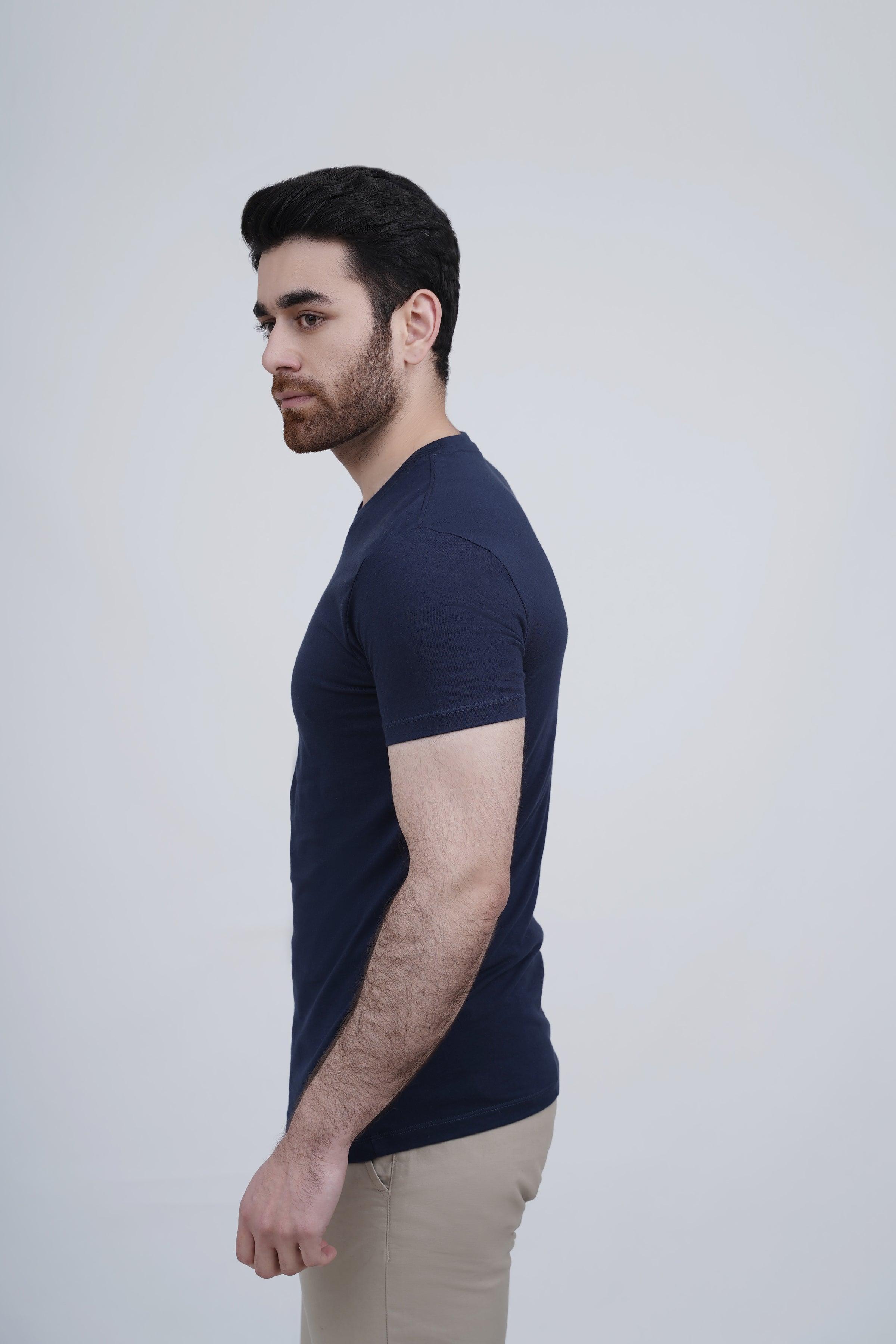 Men's navy crewneck sleep T-shirt from side, short sleeves, small chest logo