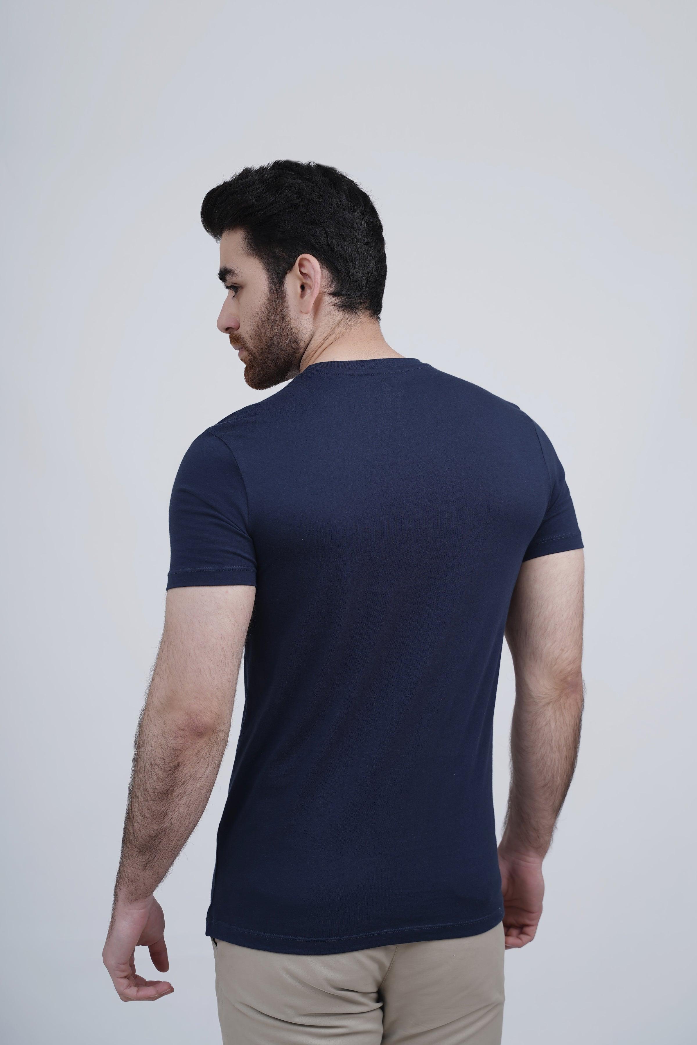 Men's navy crewneck sleep T-shirt, back view, short sleeves