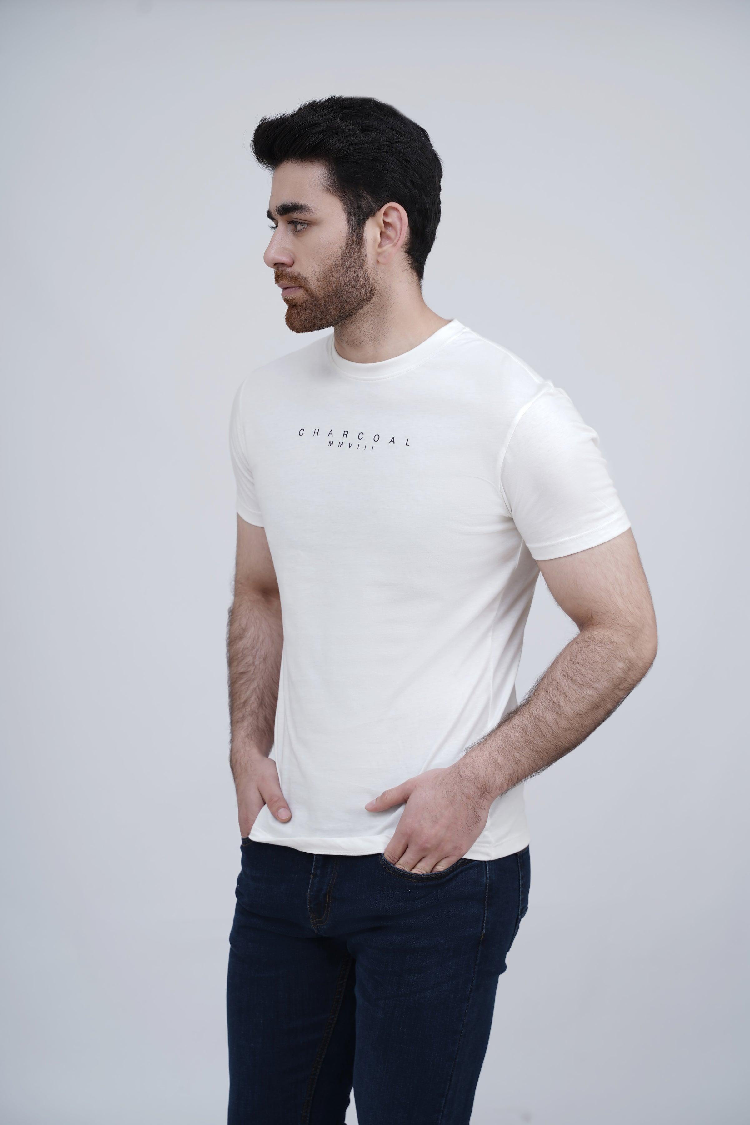 White crew-neck sleepwear T-shirt, short sleeves, chest logo, side profile