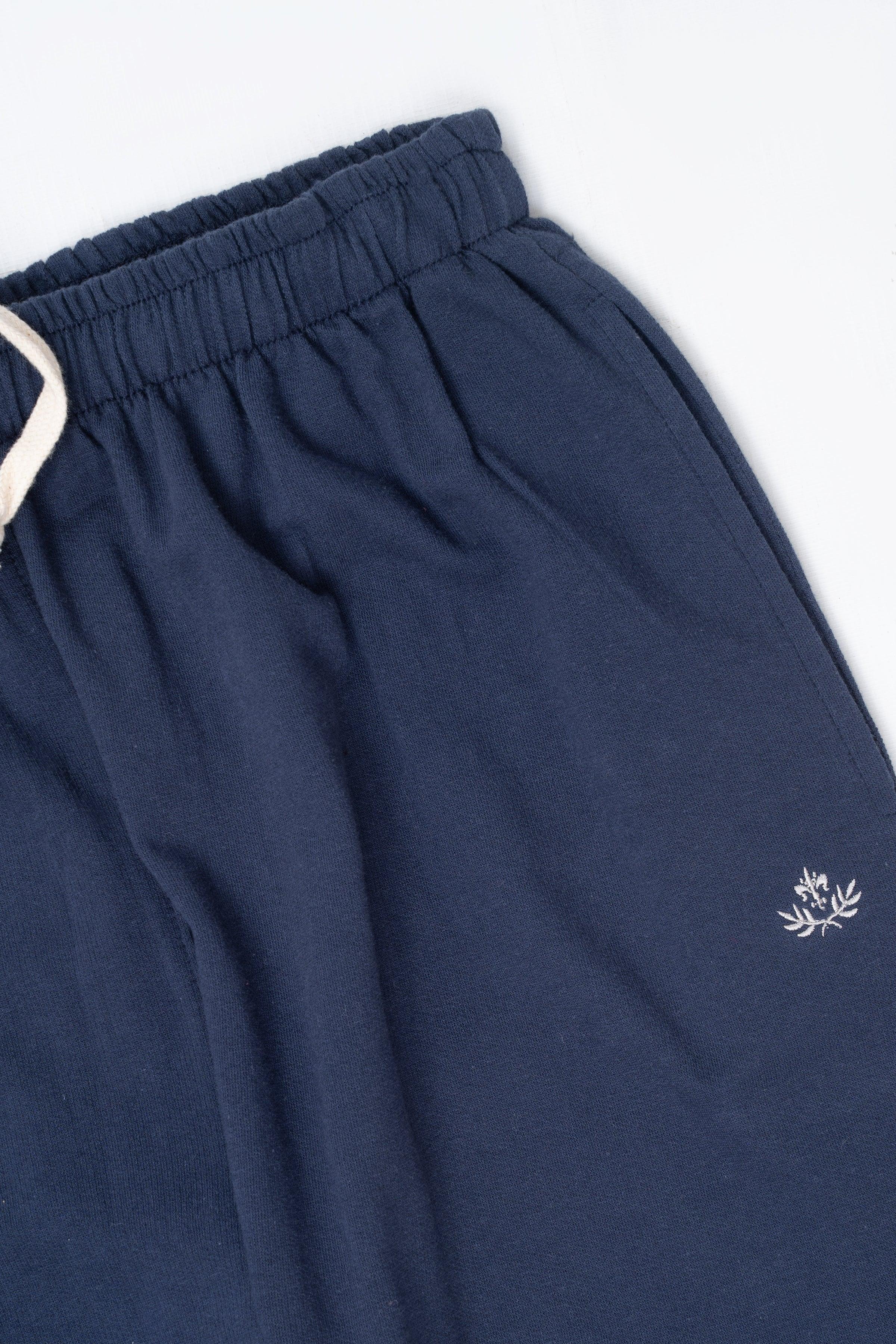 Indigo sleepwear trousers with embroidered leaf on side and elastic waistband