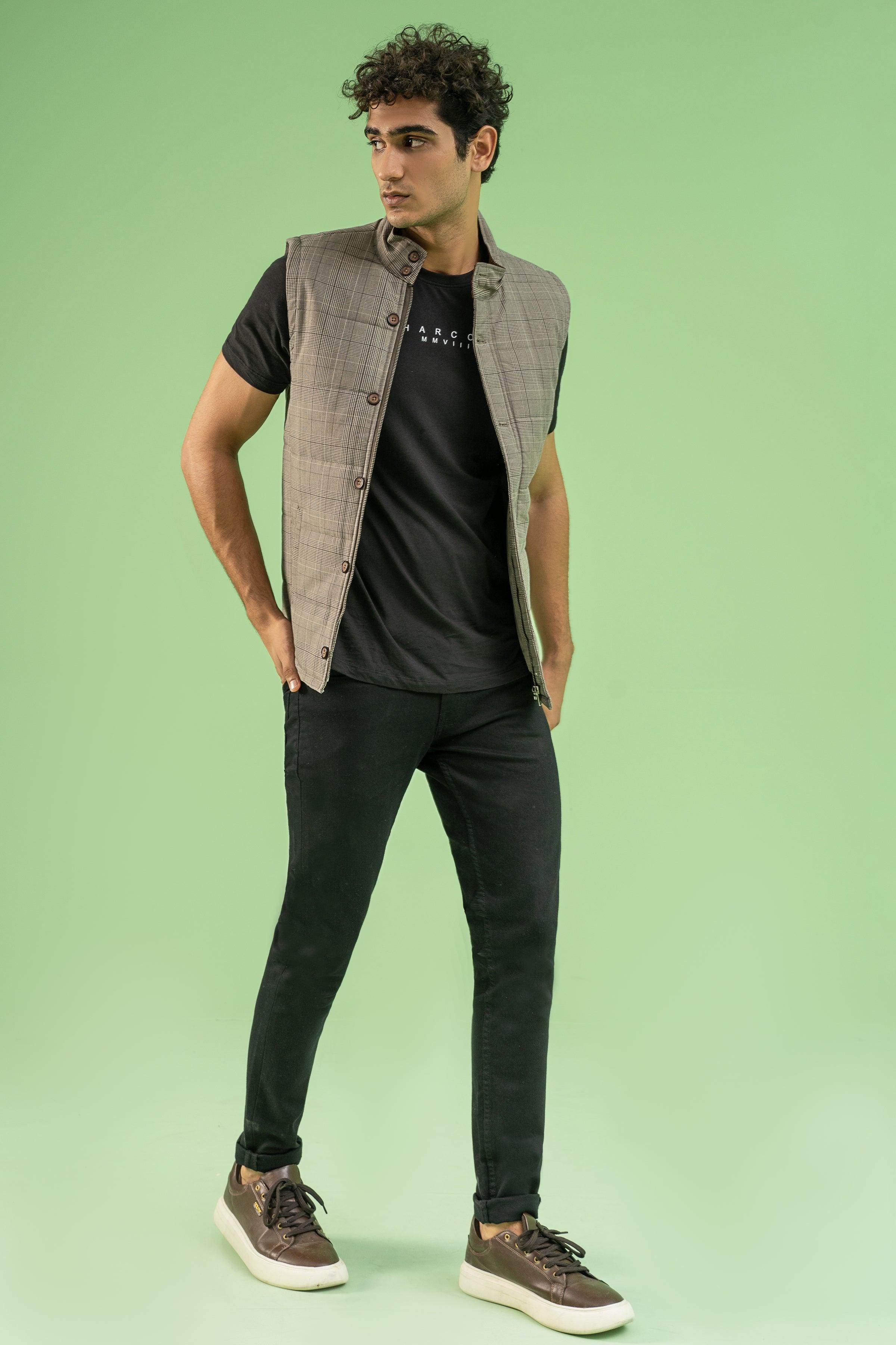 SLEEVELESS CHECK QUILTED JACKET BROWN KHAKI at Charcoal Clothing