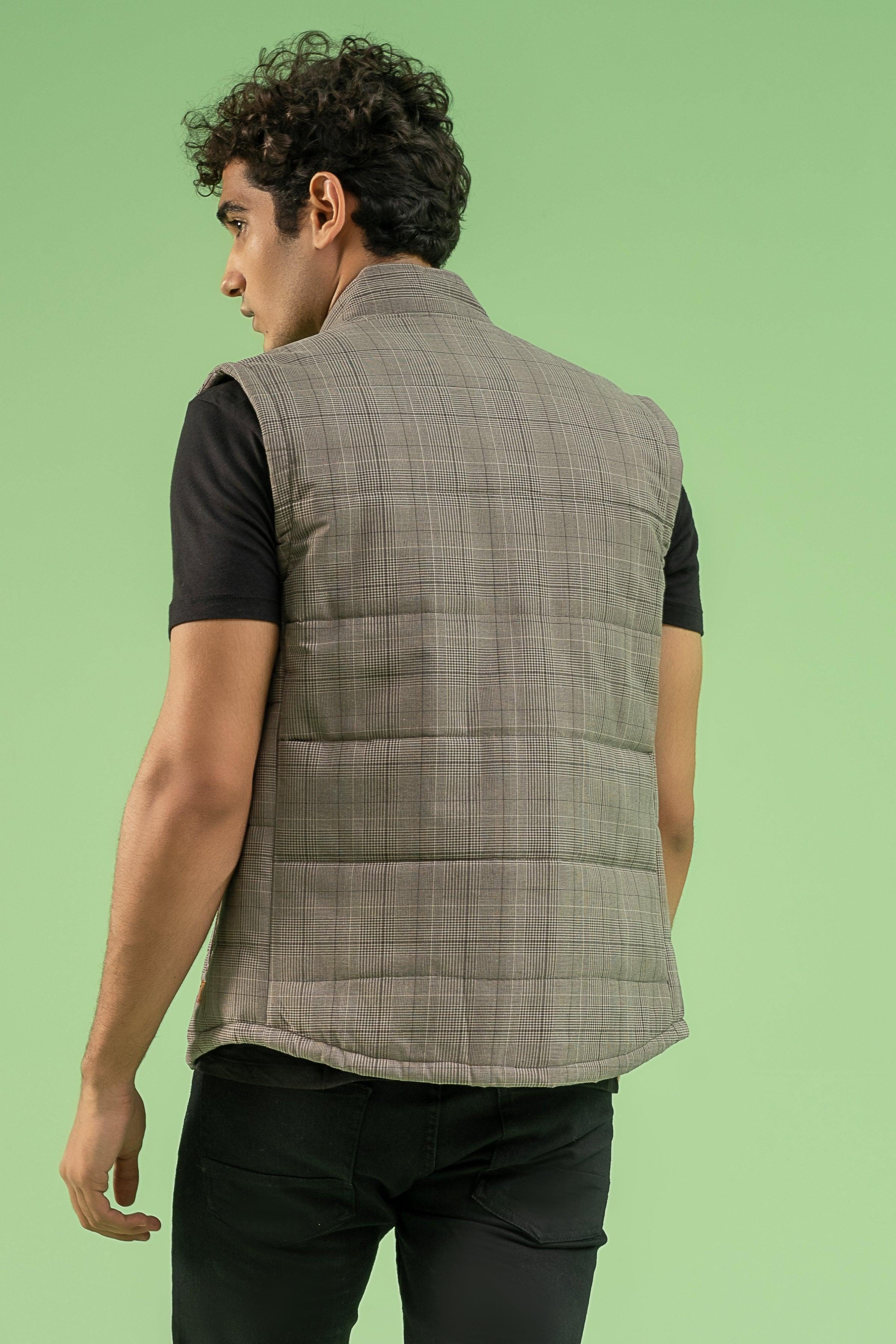 Brown khaki check quilted sleeveless jacket back view with yoke and panels