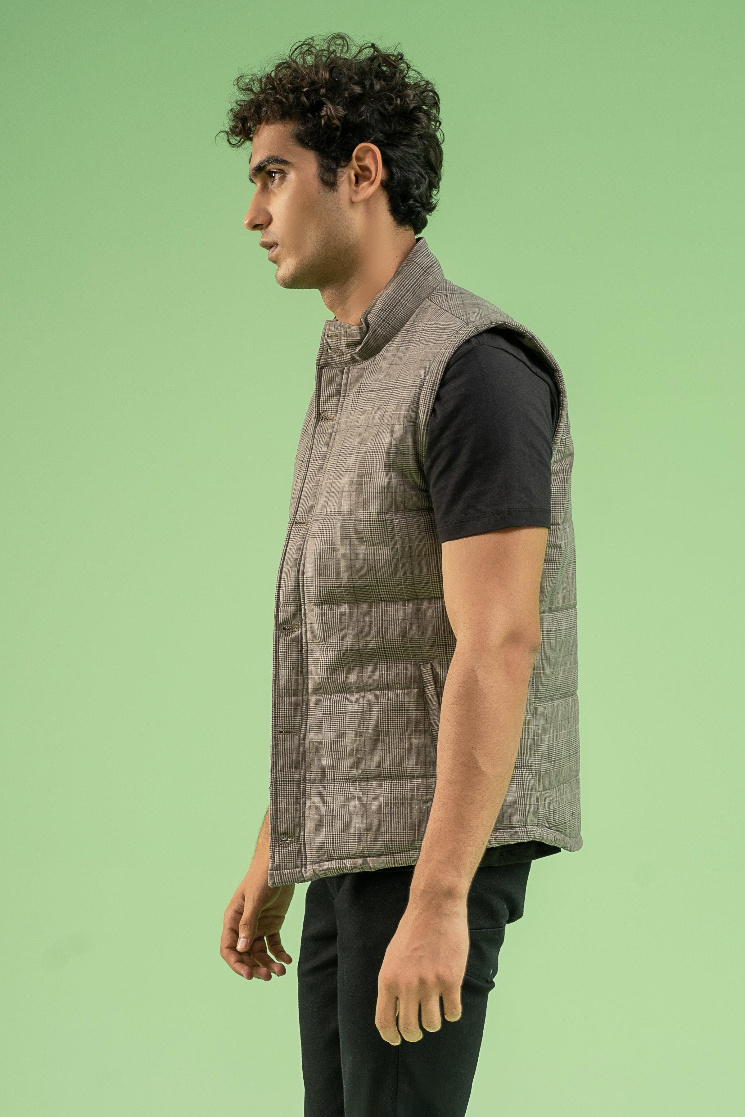 Brown khaki check quilted sleeveless jacket with button front and stand collar