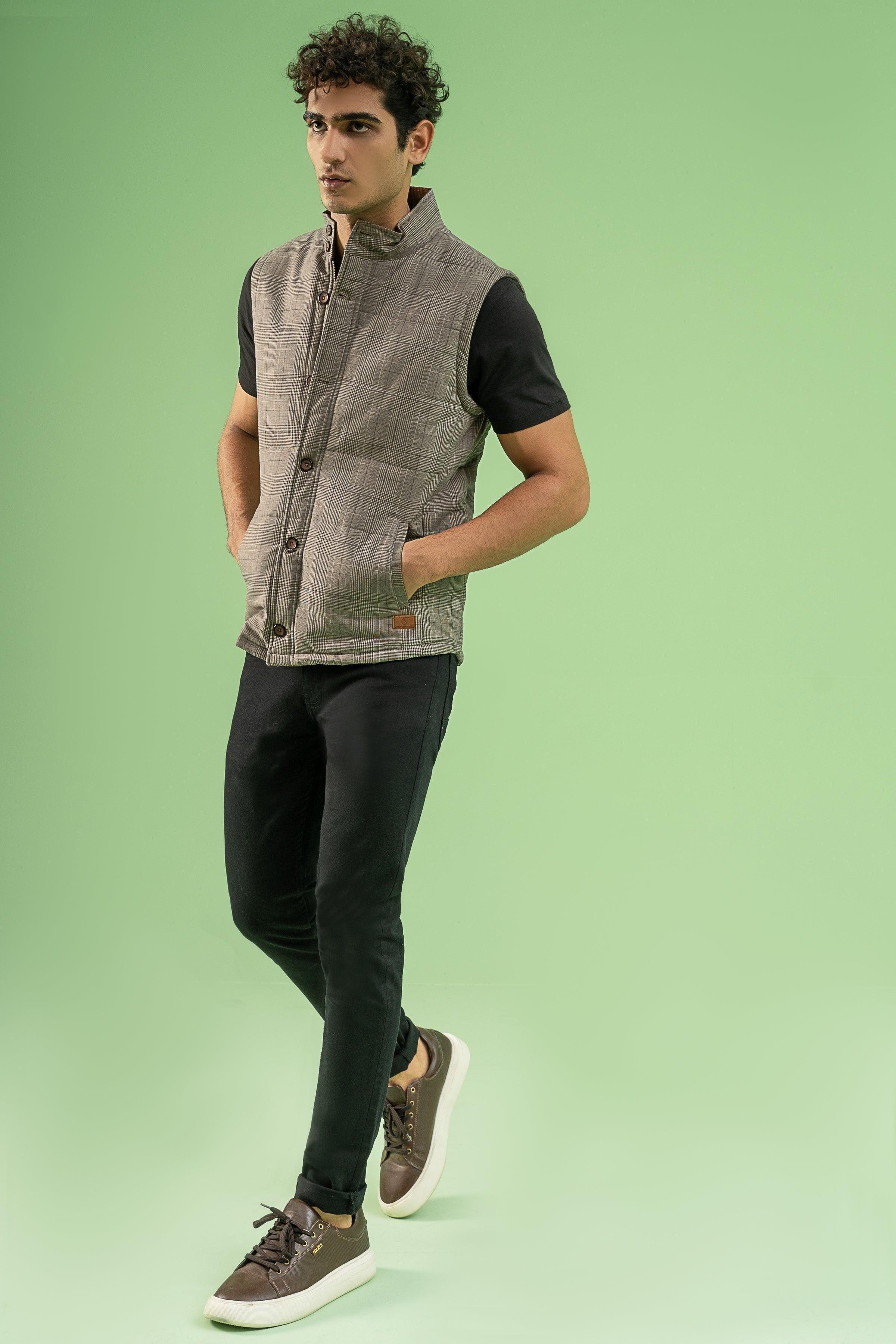 SLEEVELESS CHECK QUILTED JACKET BROWN KHAKI at Charcoal Clothing