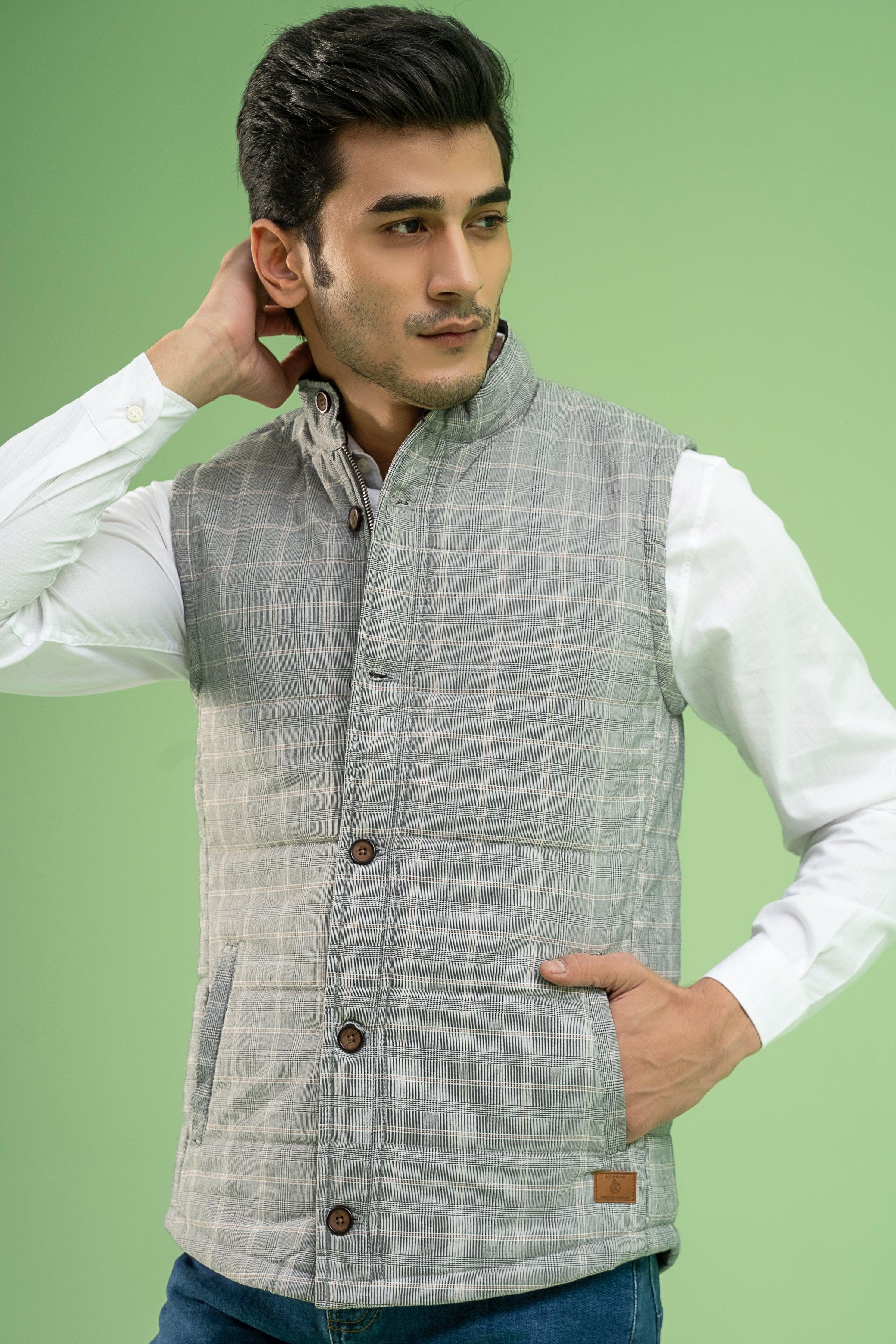 Quilted check sleeveless jacket close-up, button front and chest pocket
