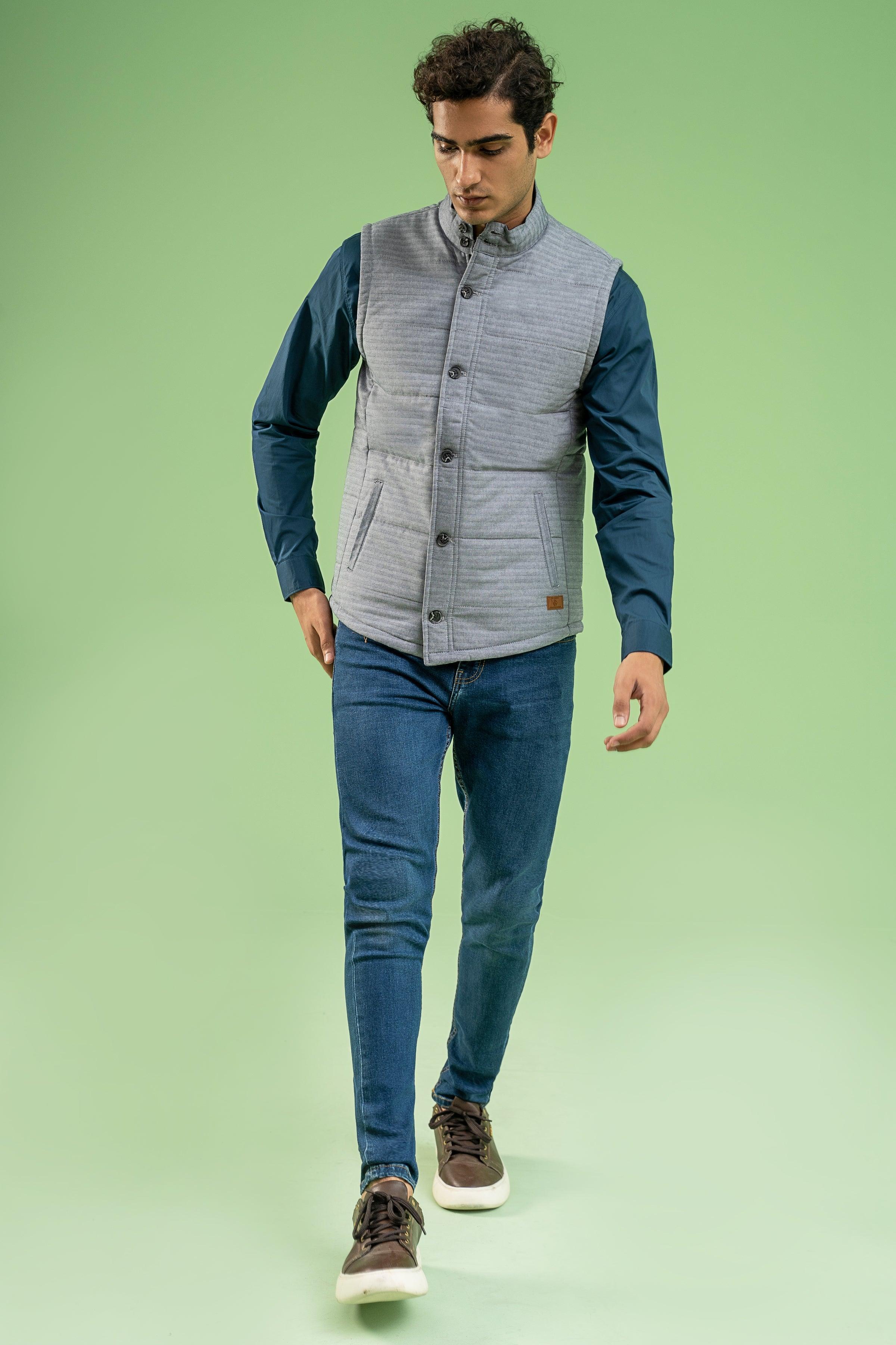 SLEEVELESS CHECK QUILTED JACKET GREY BLACK at Charcoal Clothing