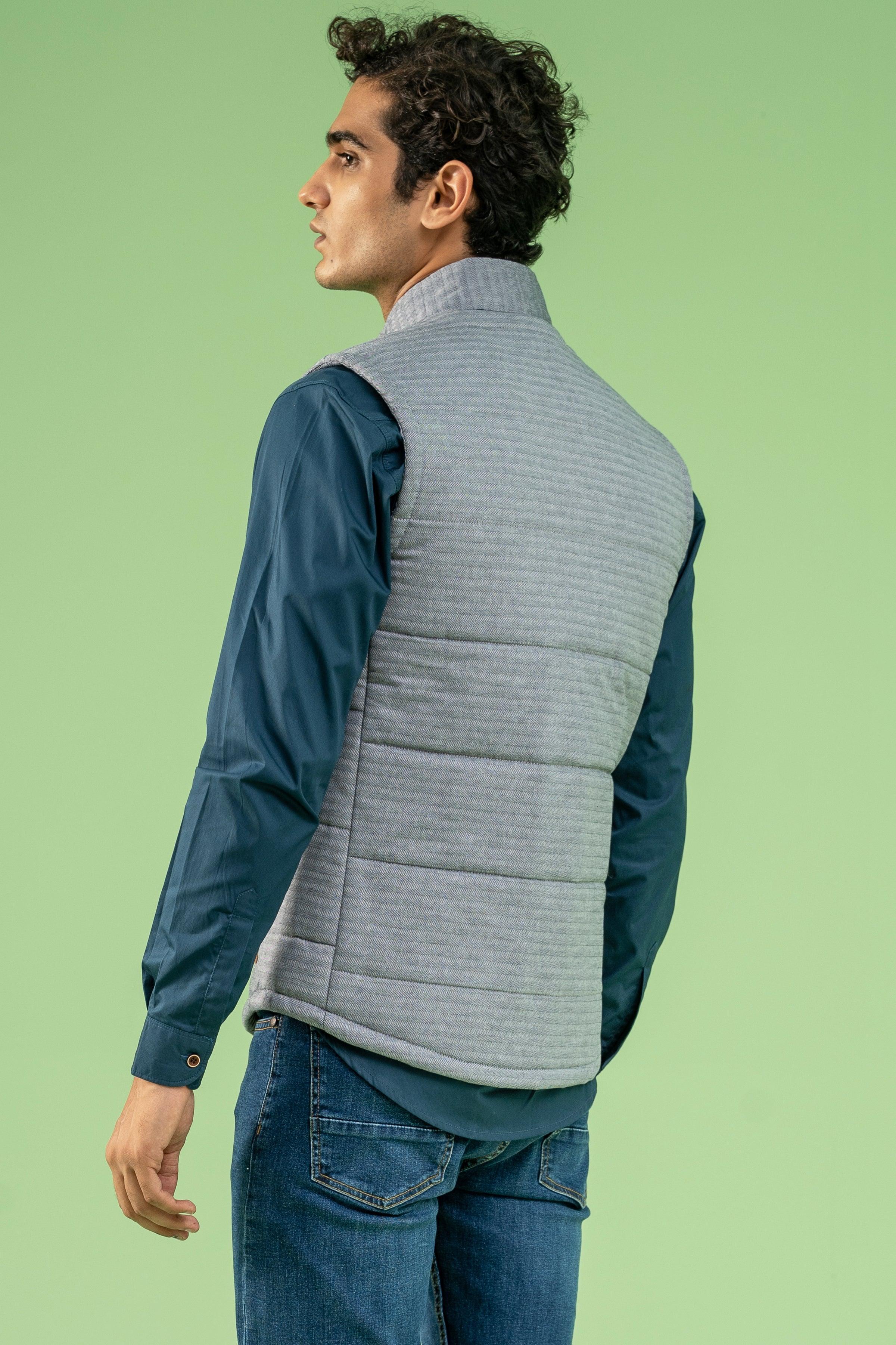 SLEEVELESS CHECK QUILTED JACKET GREY BLACK at Charcoal Clothing