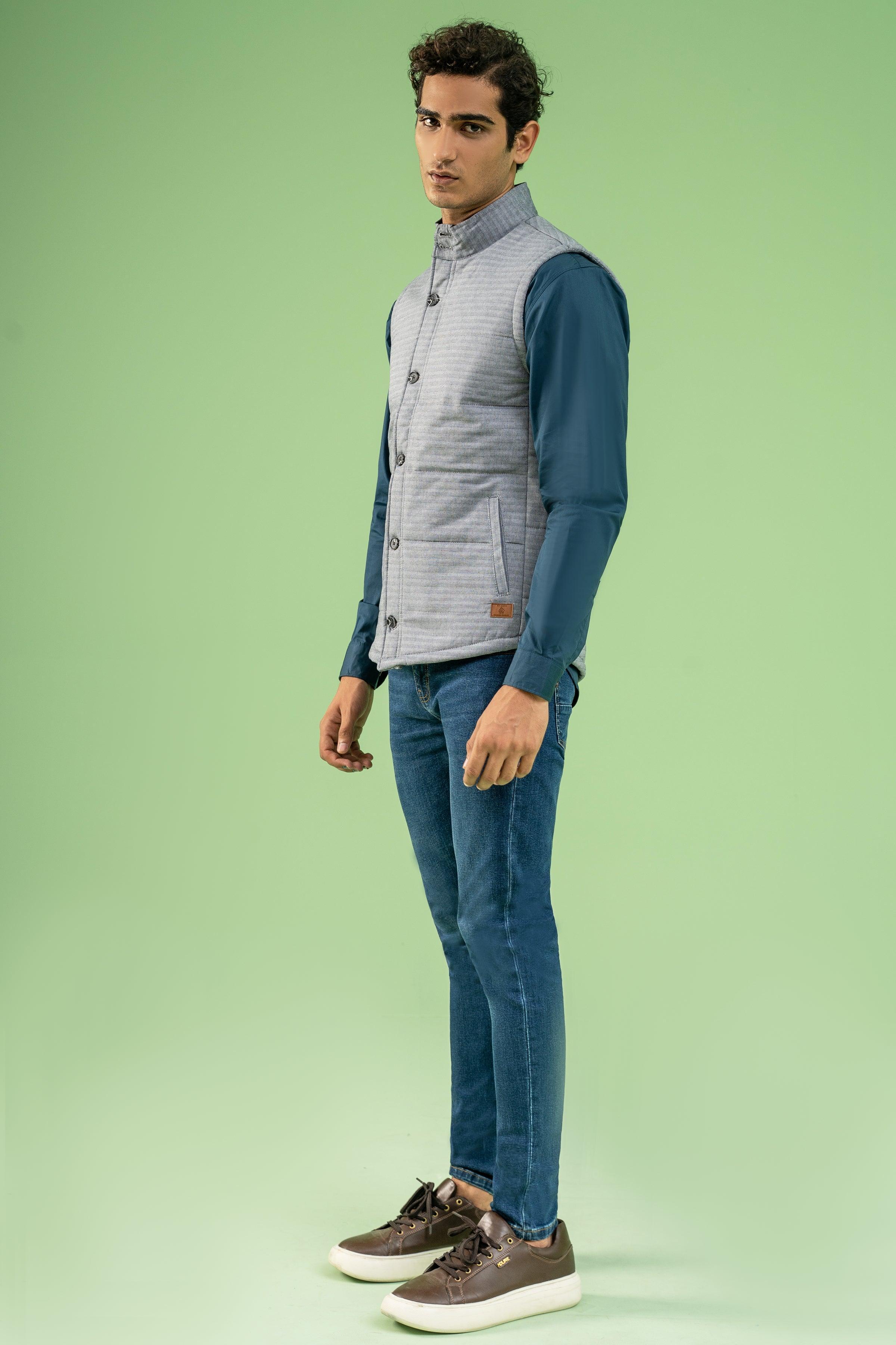 SLEEVELESS CHECK QUILTED JACKET GREY BLACK at Charcoal Clothing