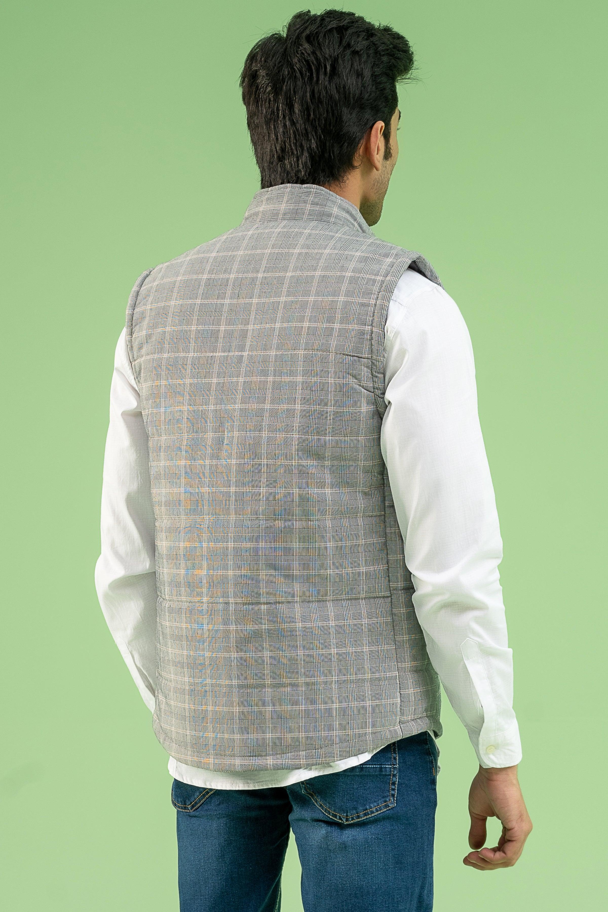 SLEEVELESS CHECK QUILTED JACKET GREY BLACK at Charcoal Clothing