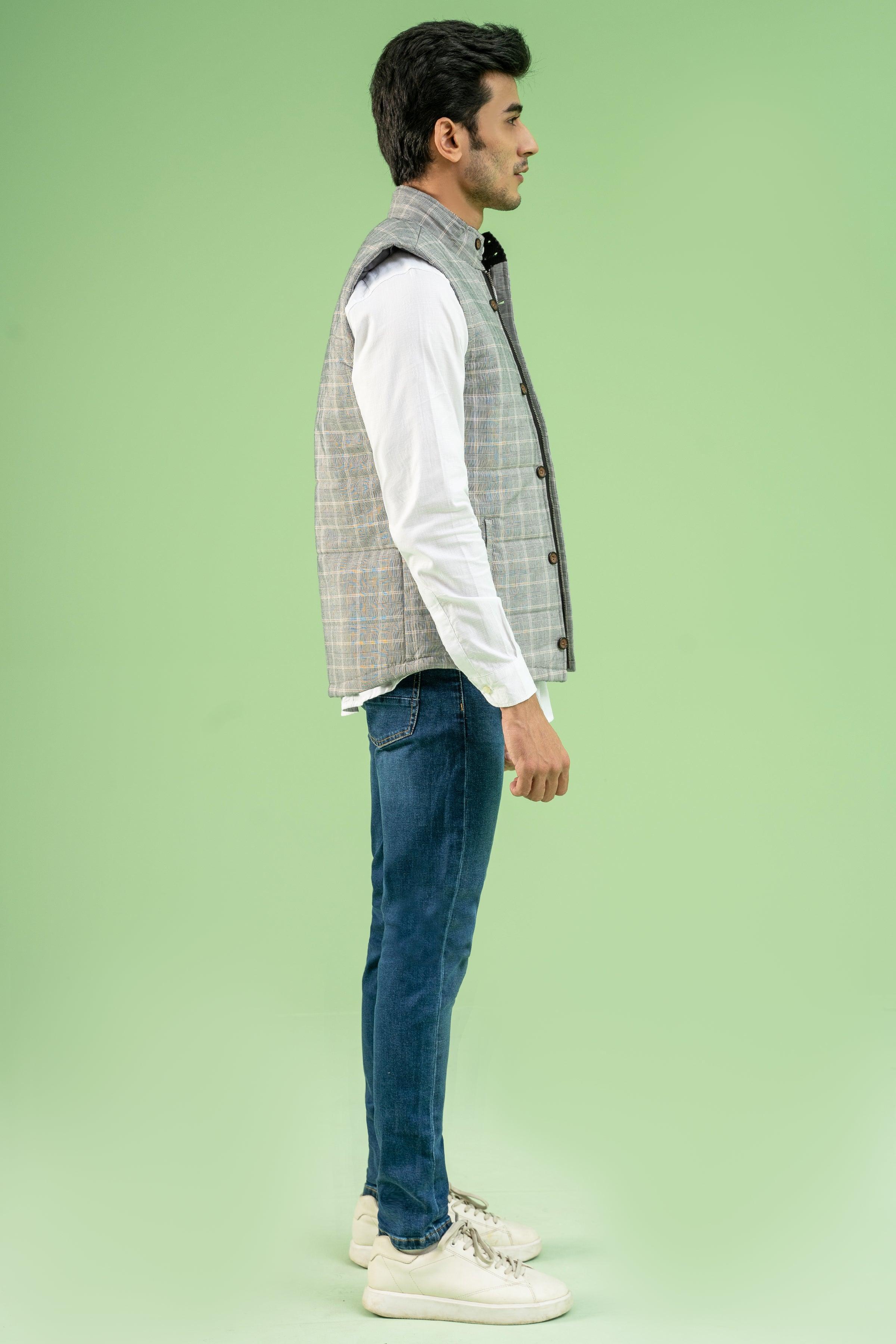 Quilted check sleeveless jacket side view with button placket